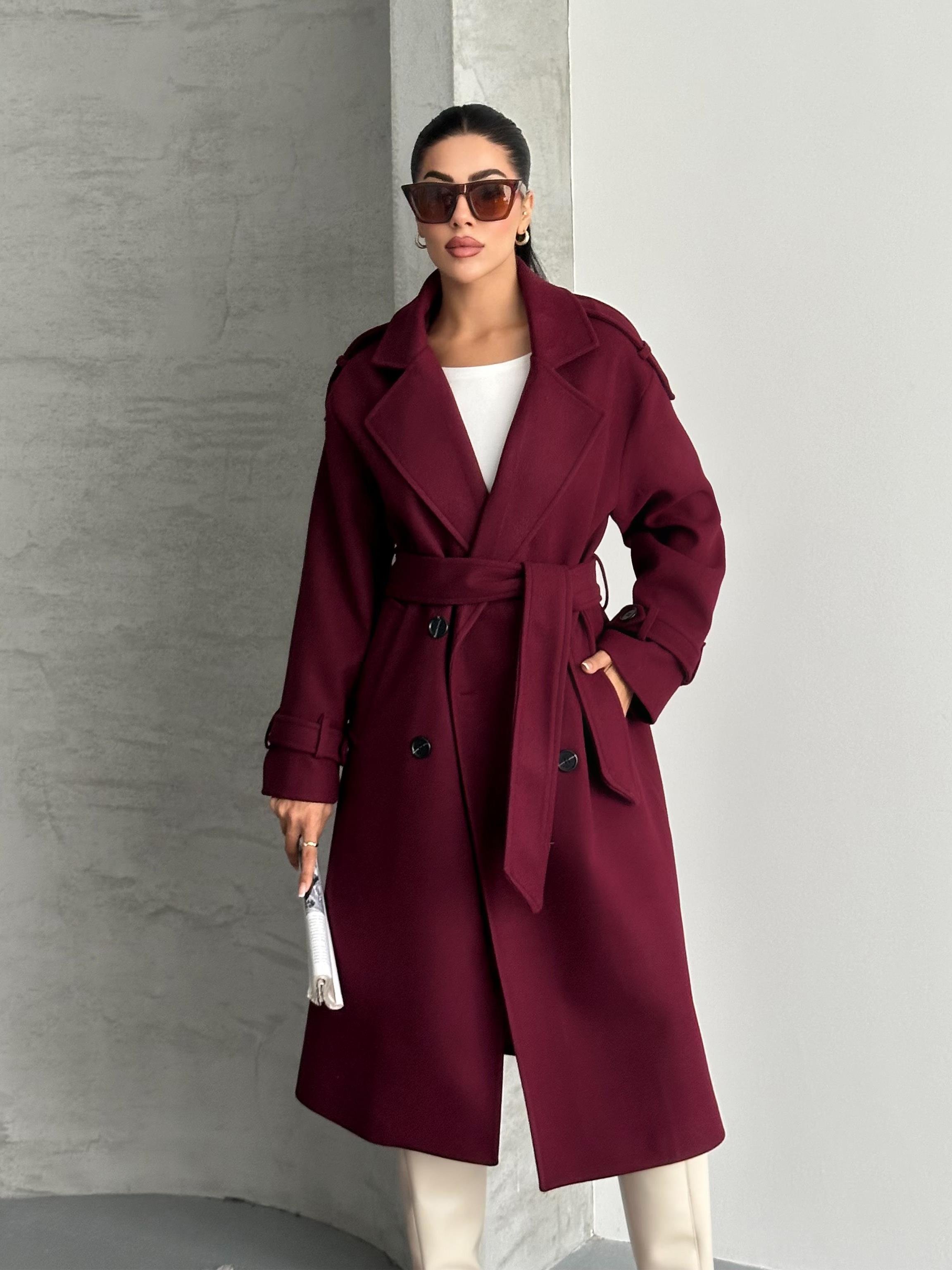 Premium Modern Bordo Kaşe Kaban