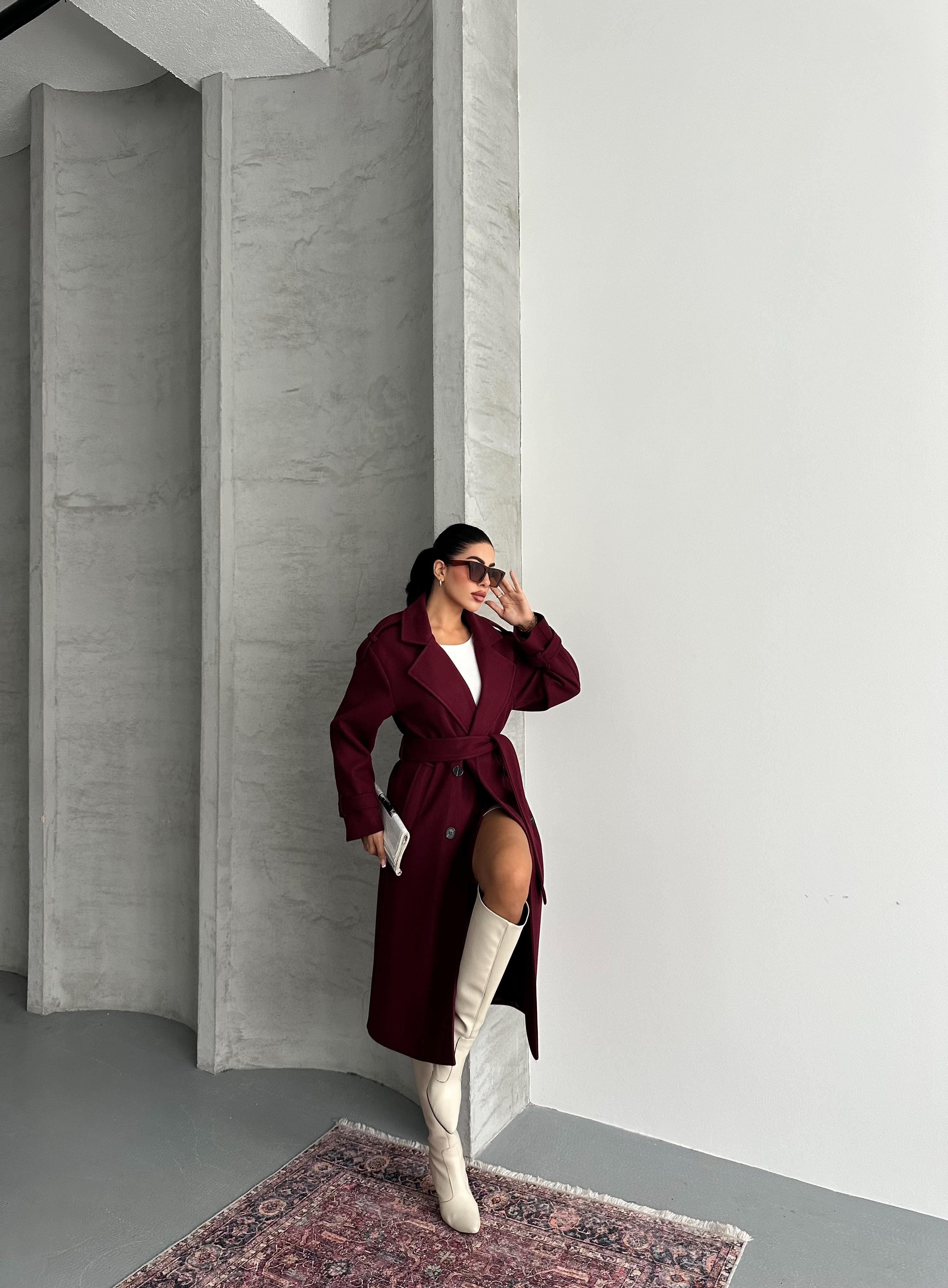 Premium Modern Bordo Kaşe Kaban