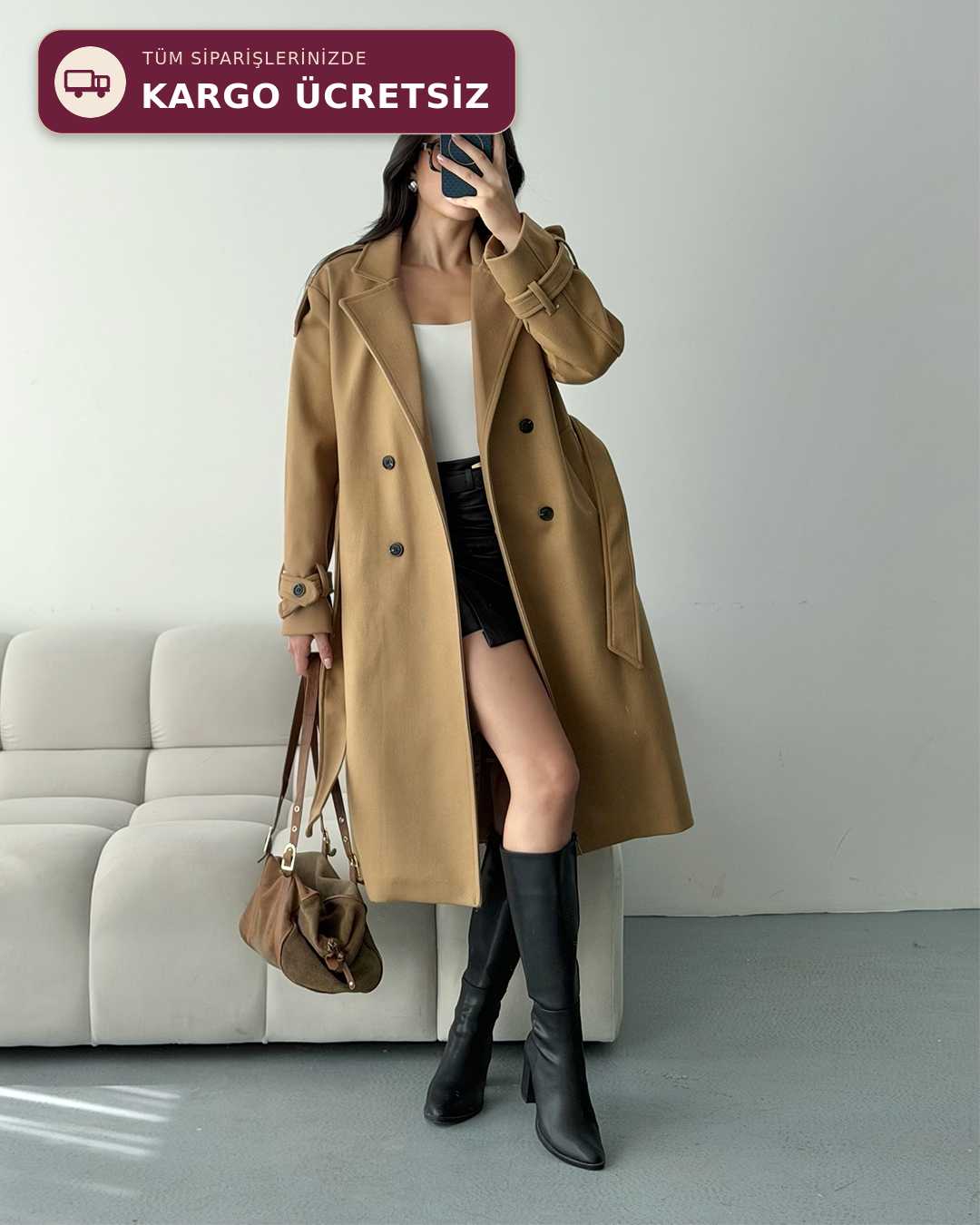 Premium Modern Camel Kaşe Kaban