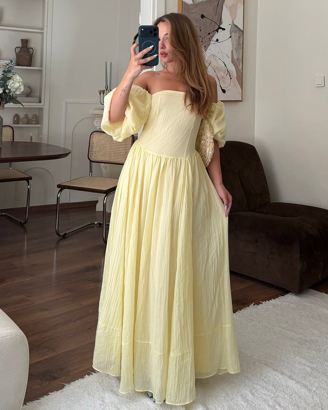 Sarı Balon Kol Maksi Elbise
