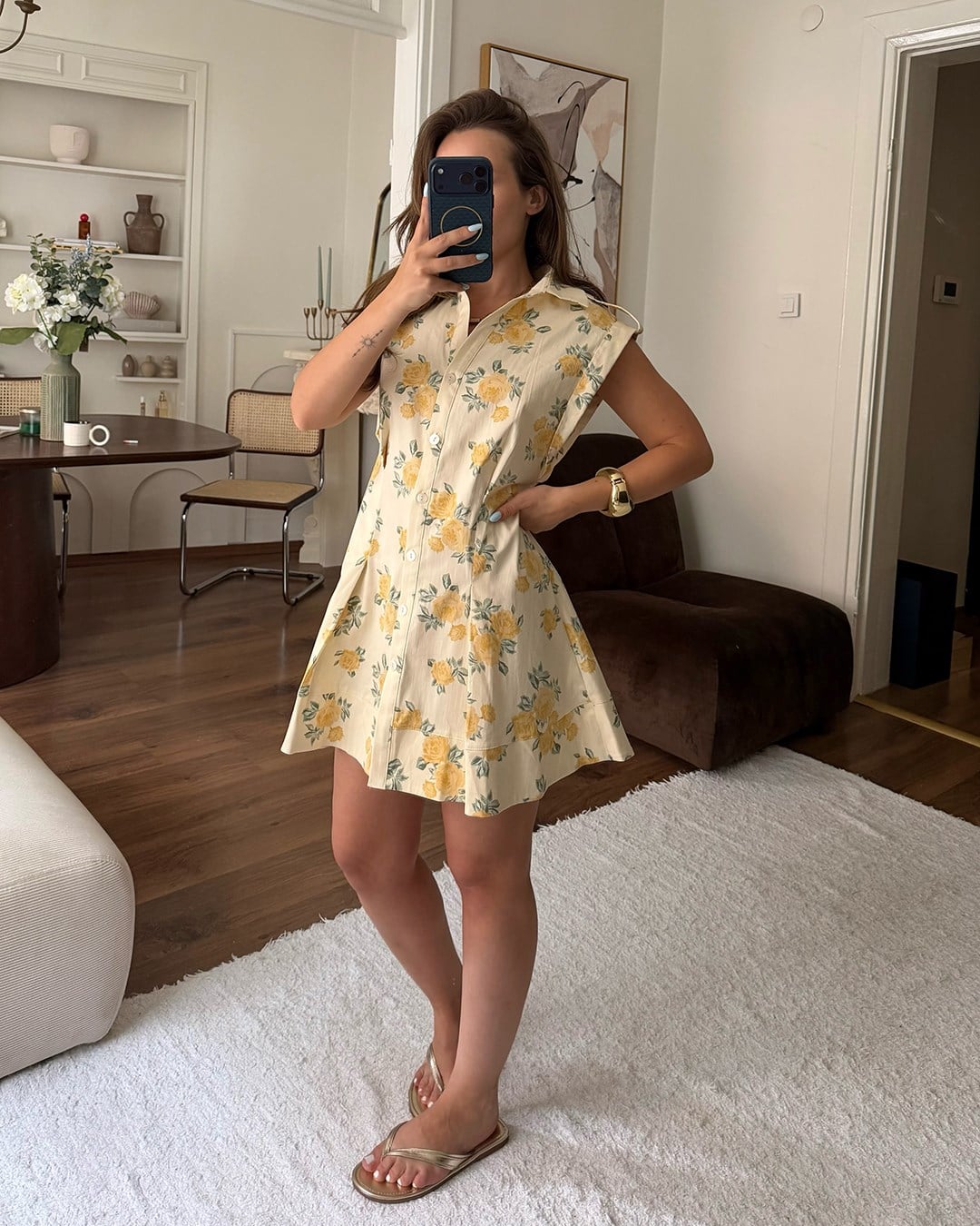 Sarı Çiçekli Mini Elbise