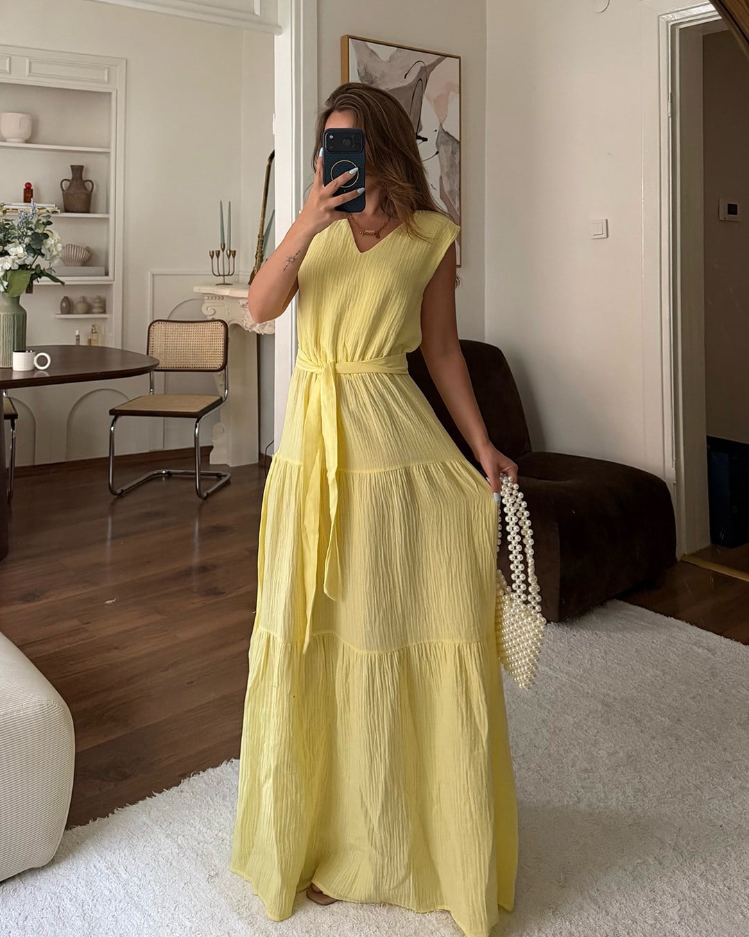 Sarı Kuşaklı Krinkıl Maxi Elbise