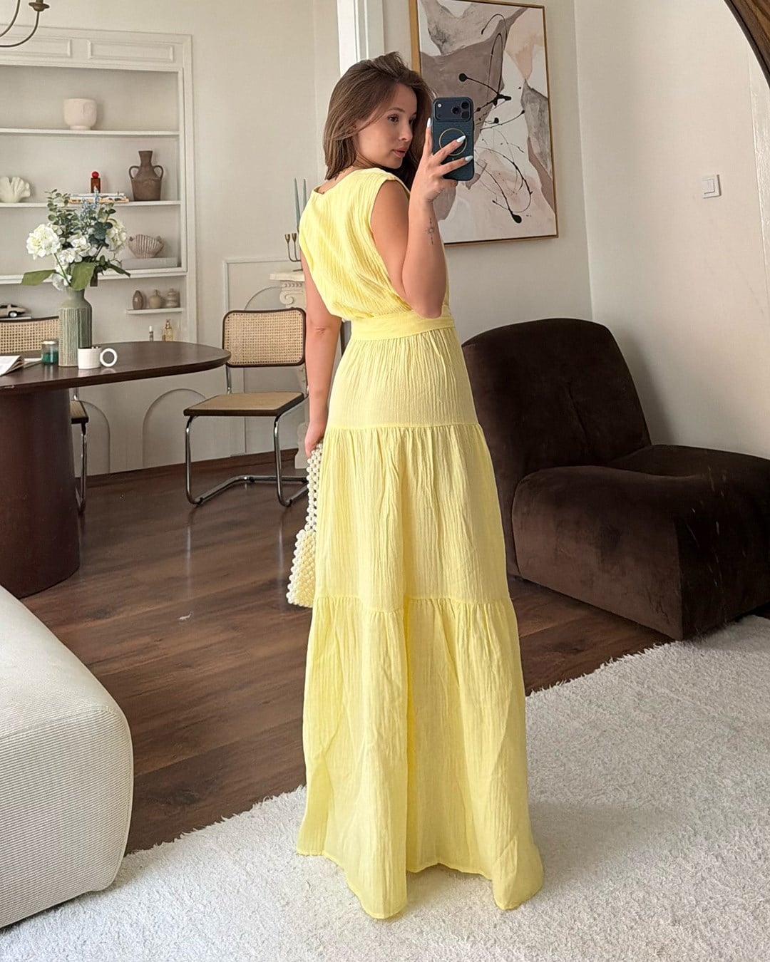 Sarı Kuşaklı Krinkıl Maxi Elbise