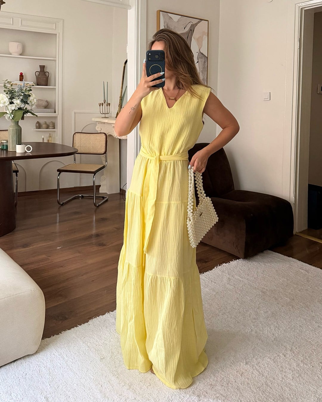 Sarı Kuşaklı Krinkıl Maxi Elbise