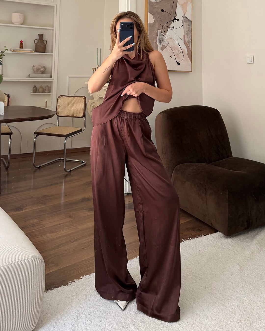 Sienna Saten Kahverengi İkili Takım