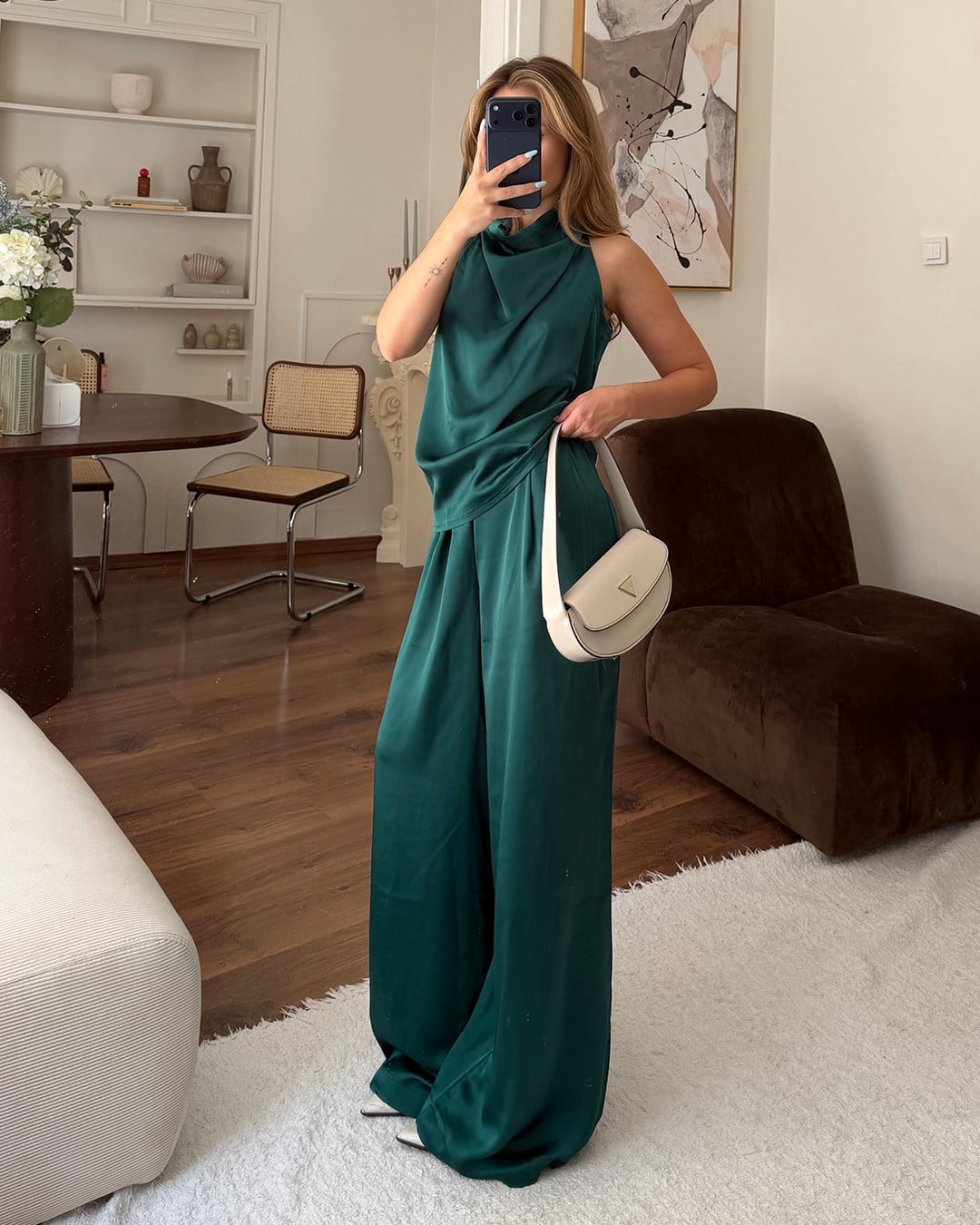 Sienna Saten Zümrüt Yeşili İkili Takım