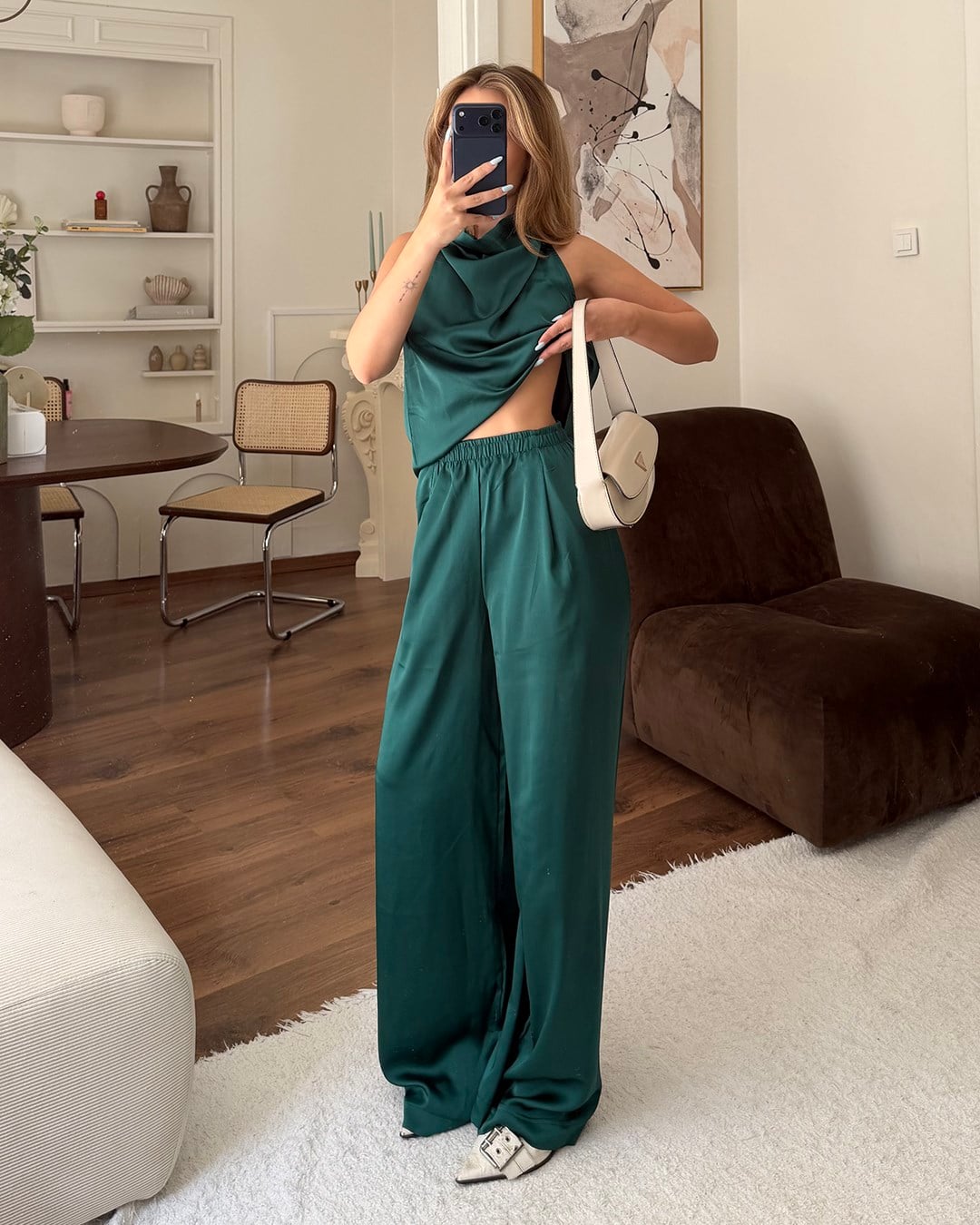 Sienna Saten Zümrüt Yeşili İkili Takım