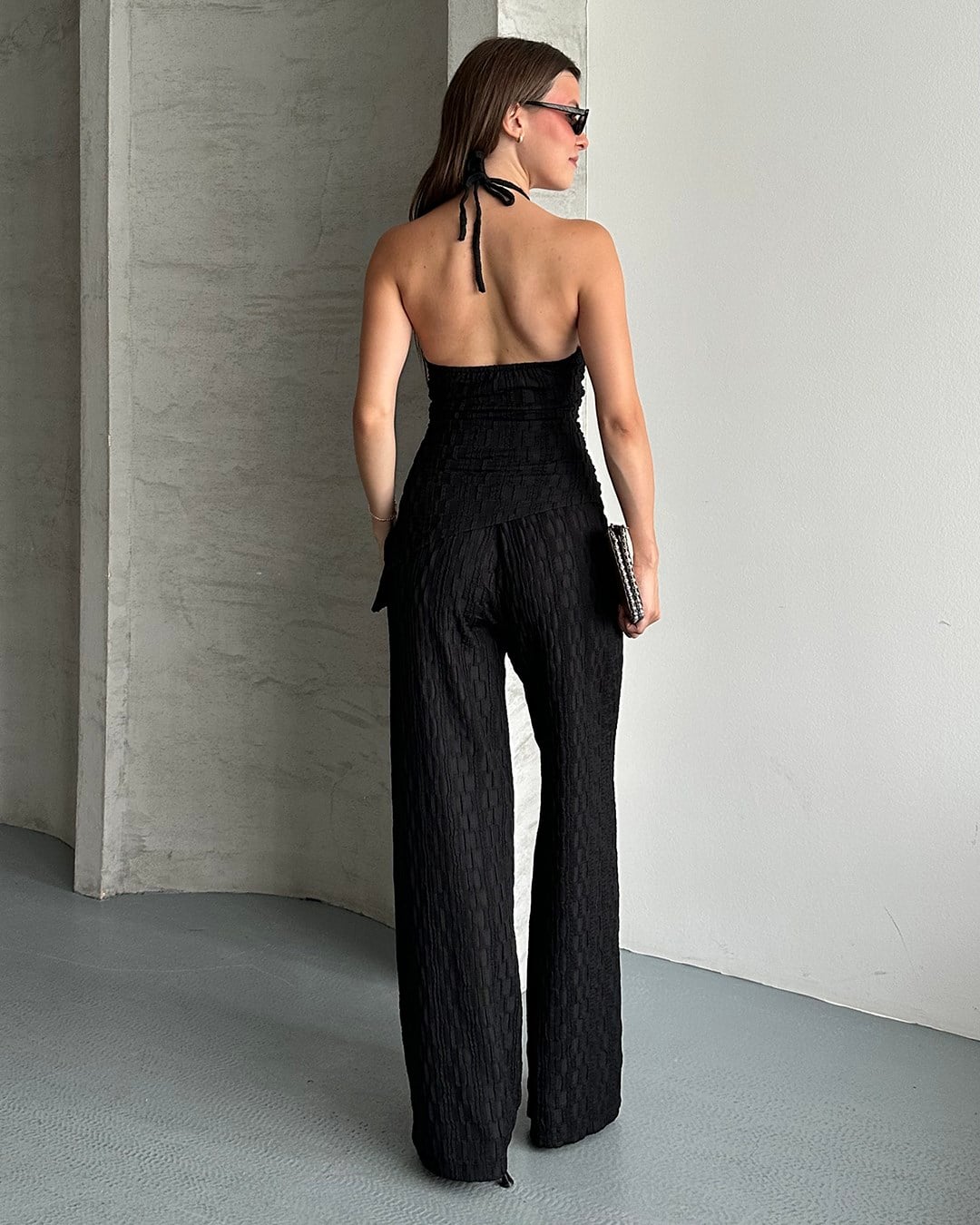 Siyah Bürümcük Halter Yaka Pantolon Takım
