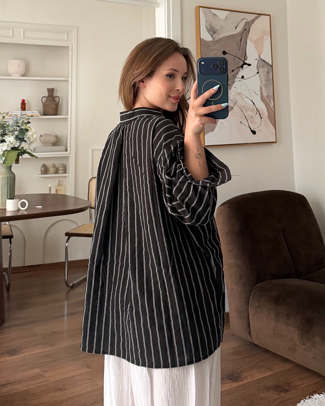 Siyah Çizgili Oversize Gömlek
