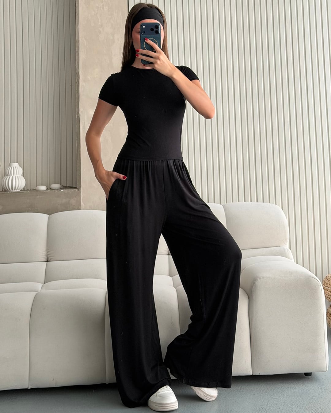 Siyah Kimono Pantolon Bluz Üçlü Takım