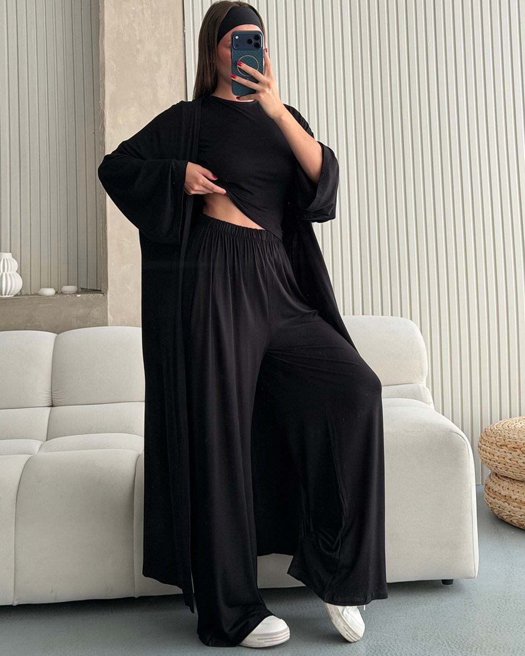 Siyah Kimono Pantolon Bluz Üçlü Takım