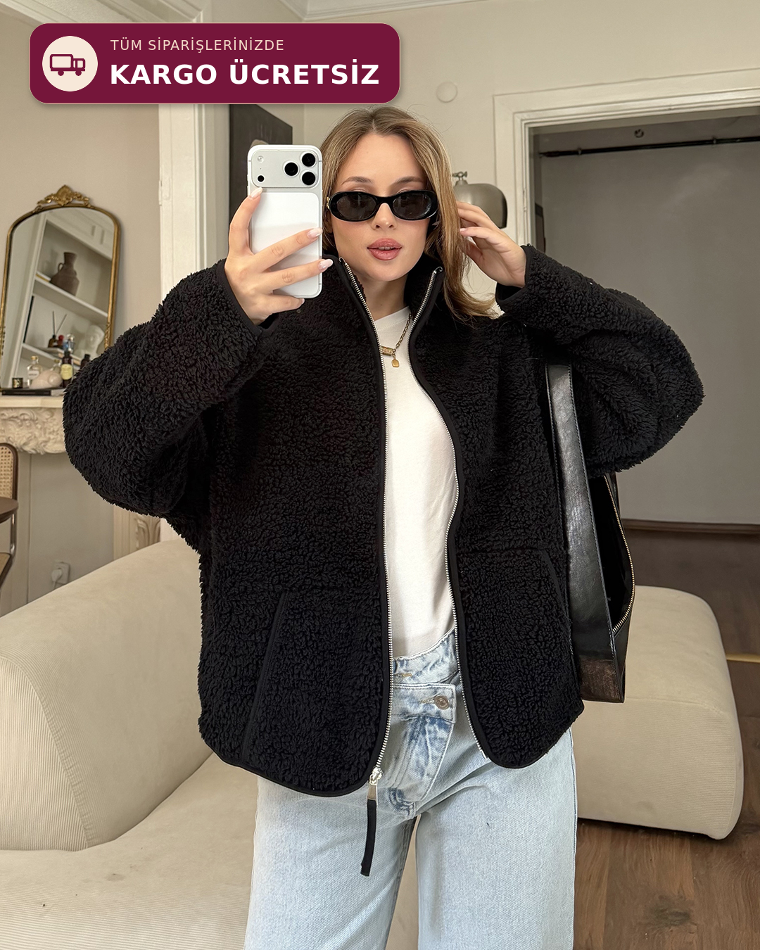Siyah Peluş Polar Ceket