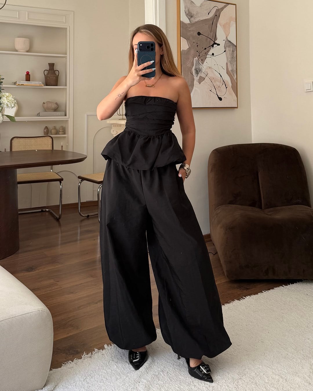 Siyah Straplez Peplum Büstiyer Pantolon Takım