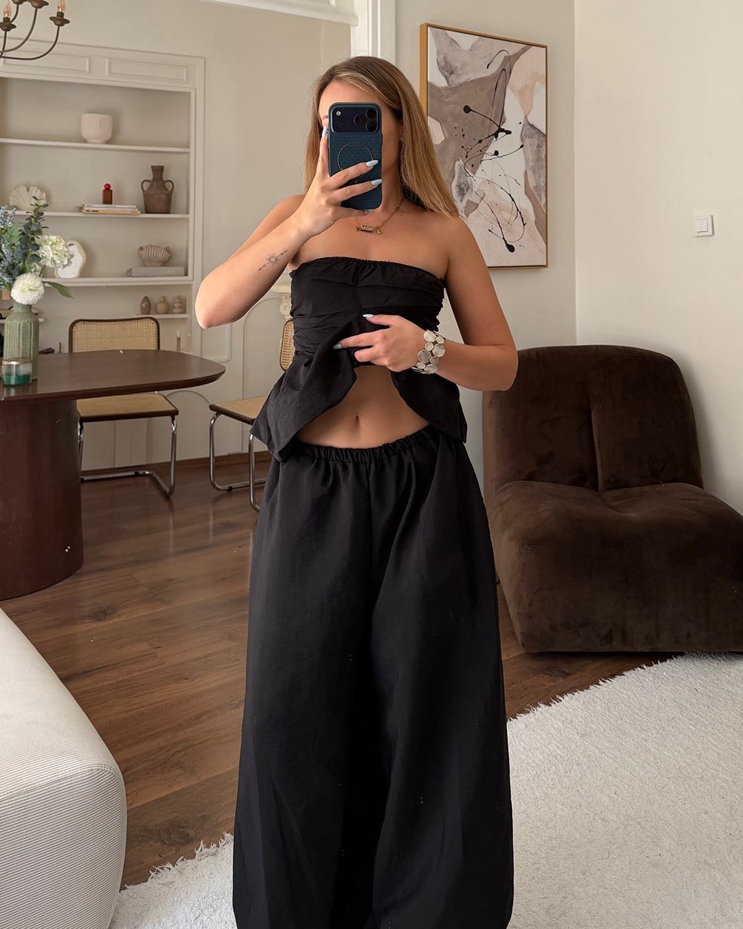 Siyah Straplez Peplum Büstiyer Pantolon Takım
