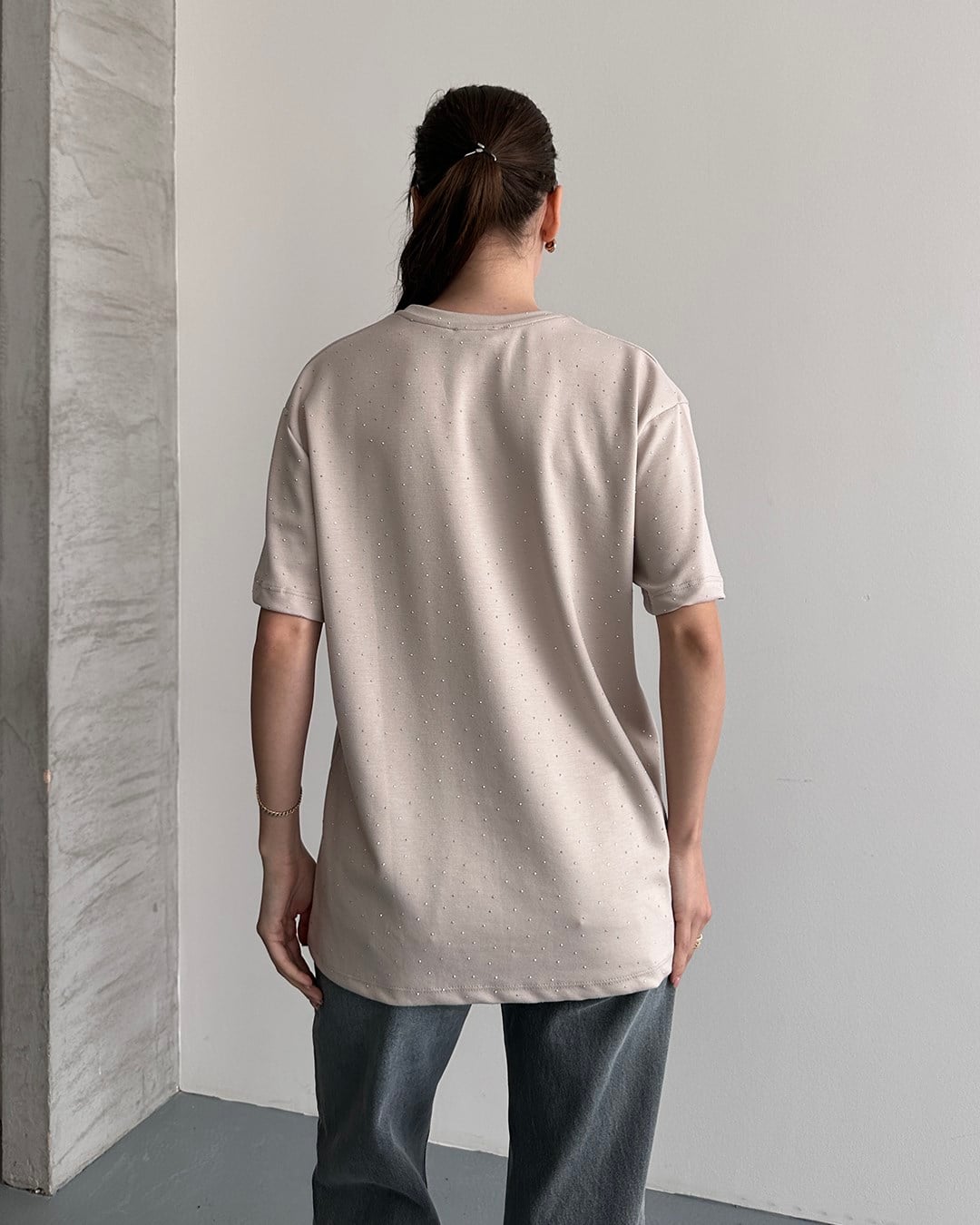 Taşlı Oversize Bej Tişört