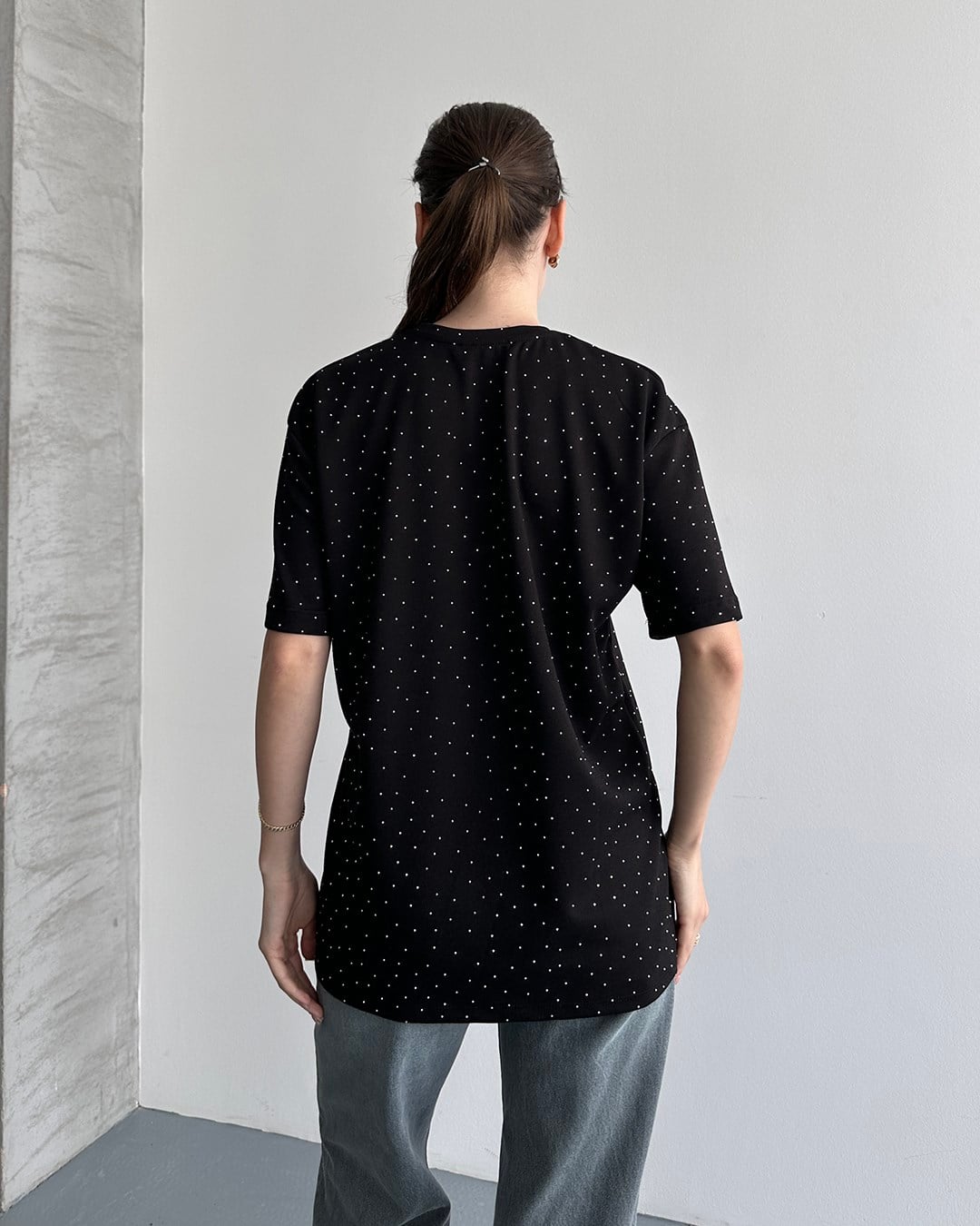 Taşlı Oversize Siyah Tişört
