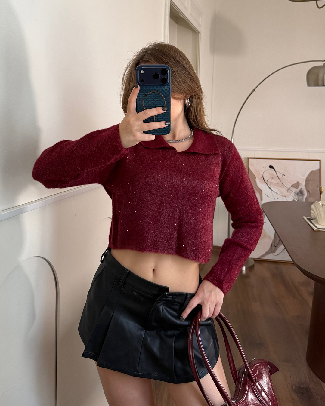 Taşlı Yakalı Bordo Crop Kazak