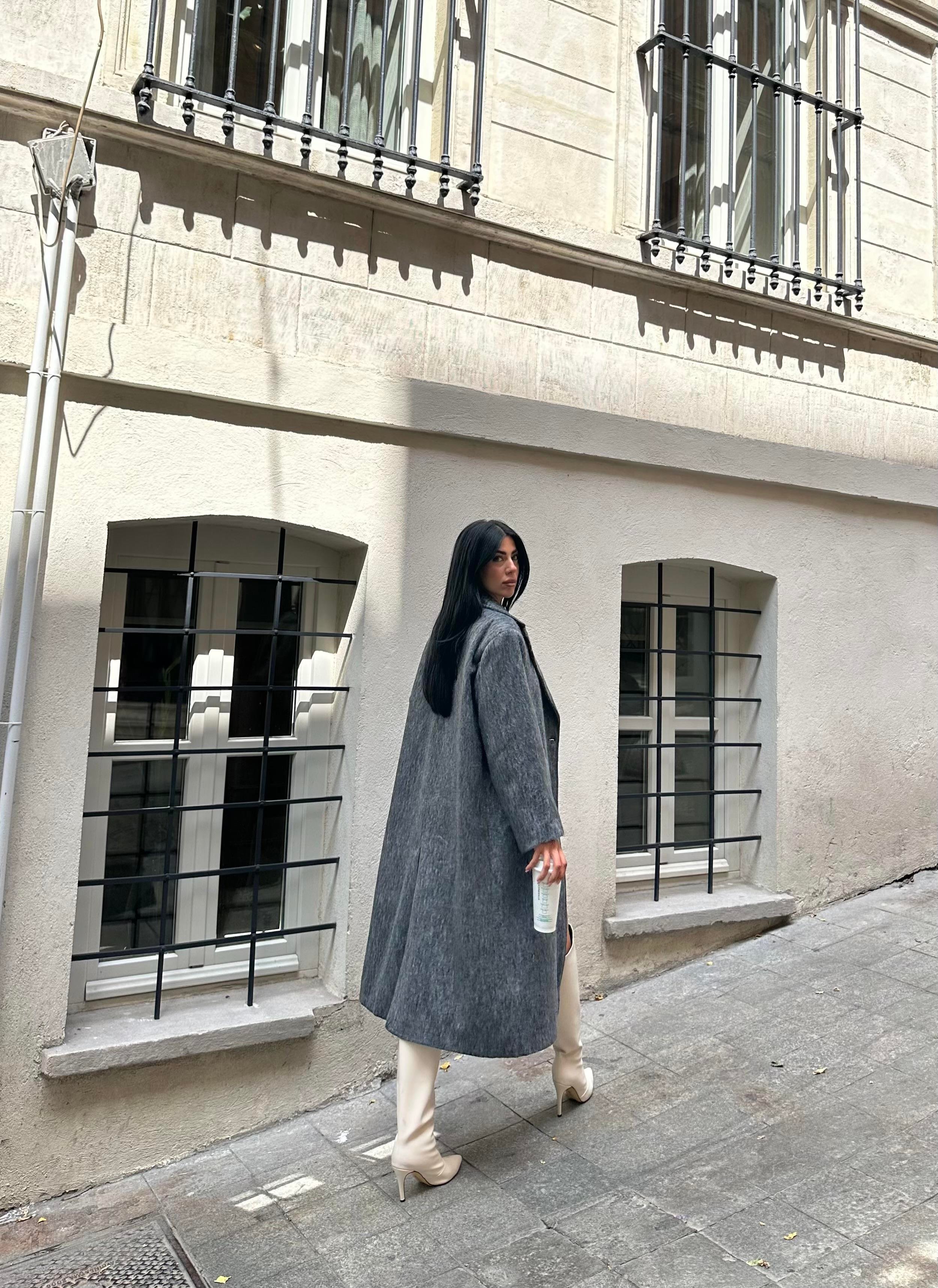Tek Düğmeli Oversize Antrasit Yün Kaban