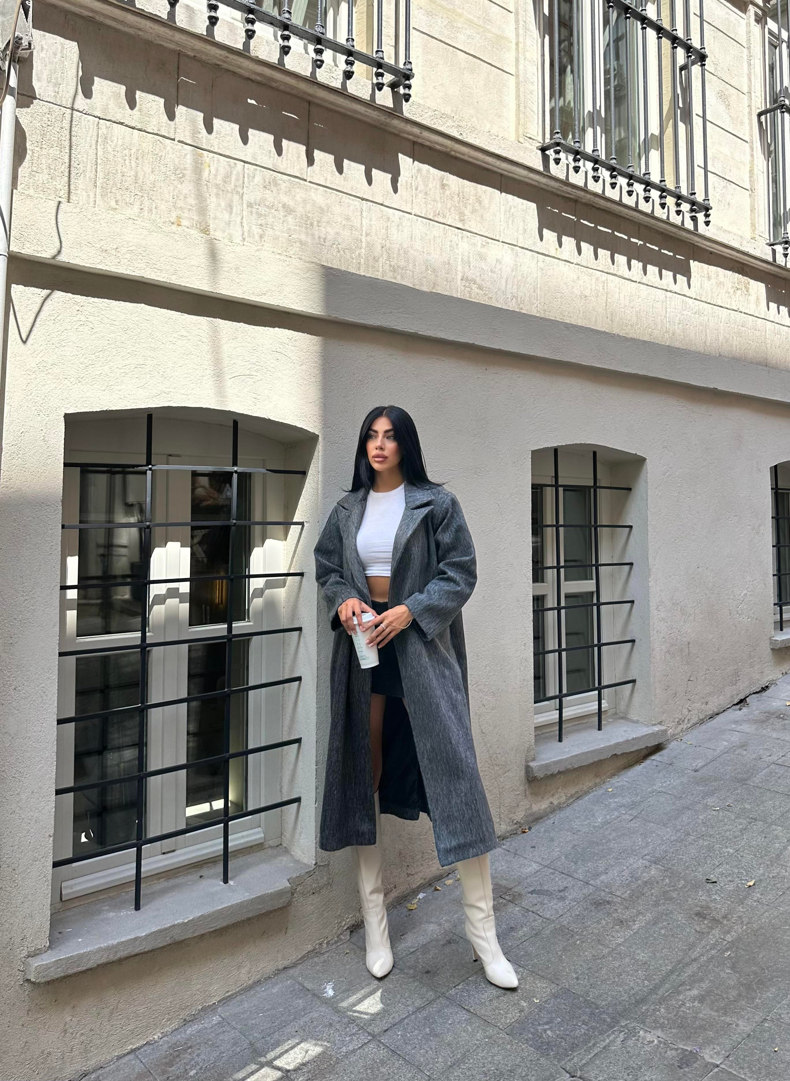 Tek Düğmeli Oversize Antrasit Yün Kaban