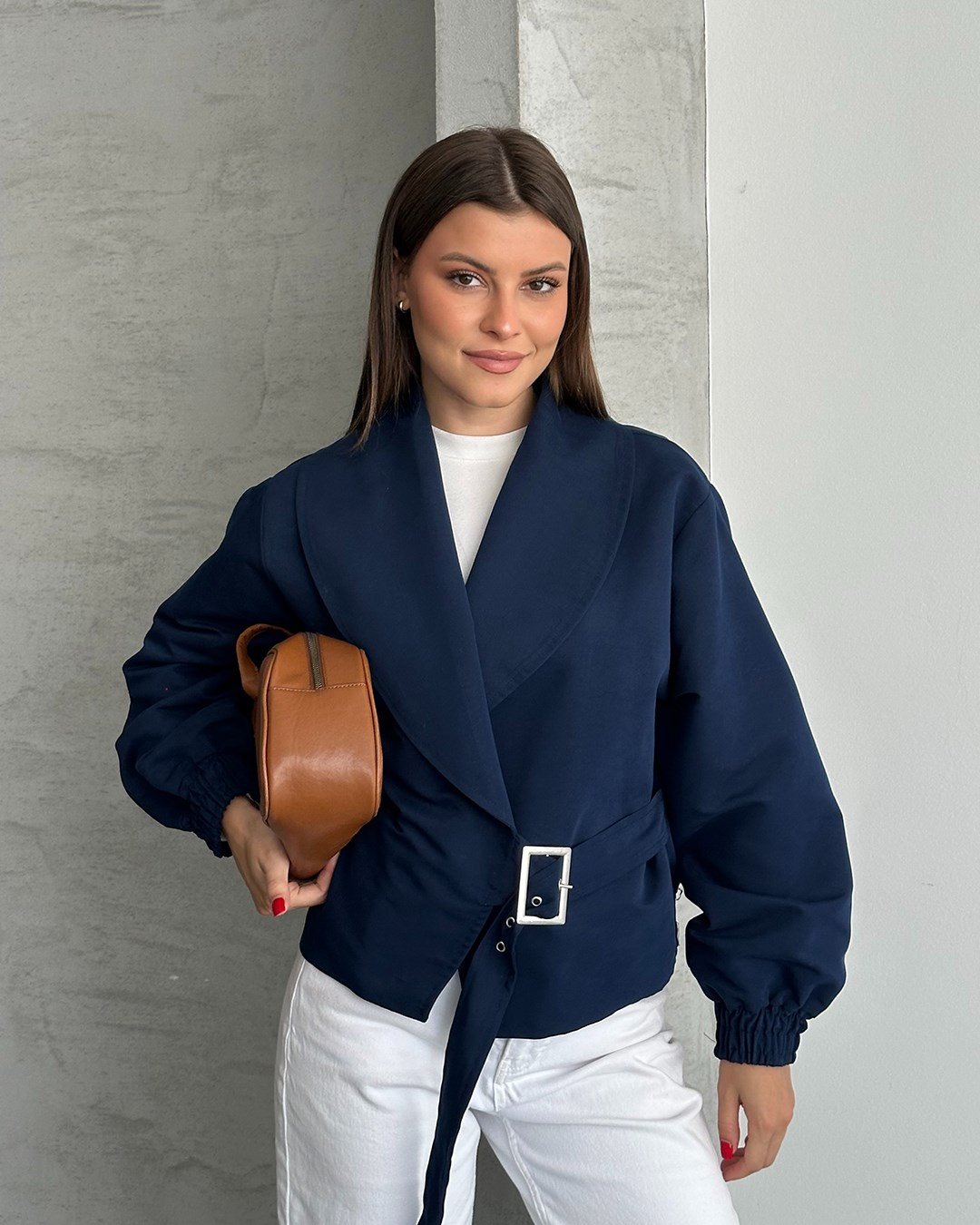 Tokalı Şal Yaka Kısa Lacivert Trençkot
