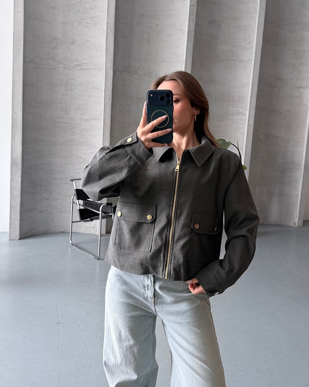 Torba Cepli Gri Bomber Ceket