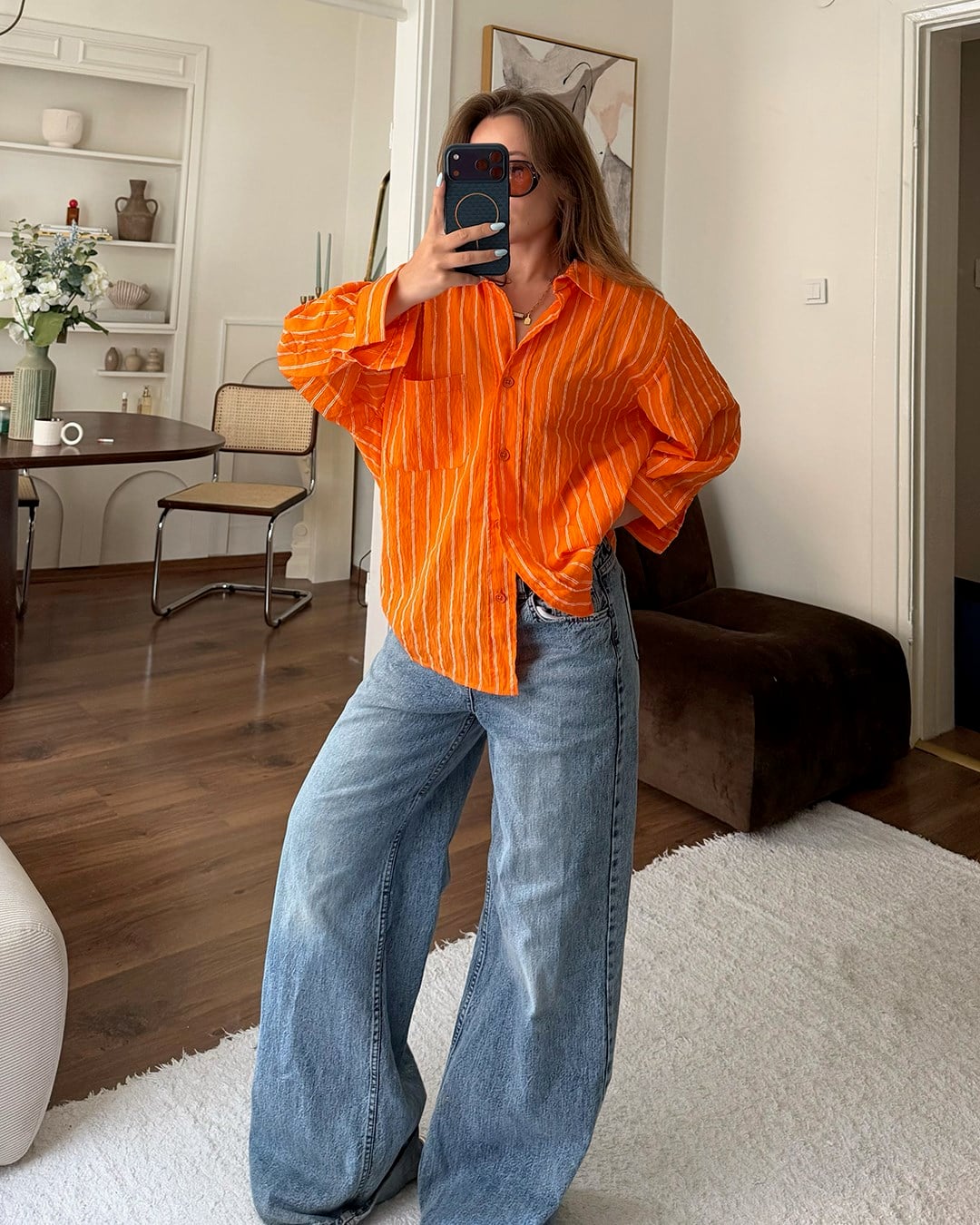 Turuncu Çizgili Oversize Gömlek