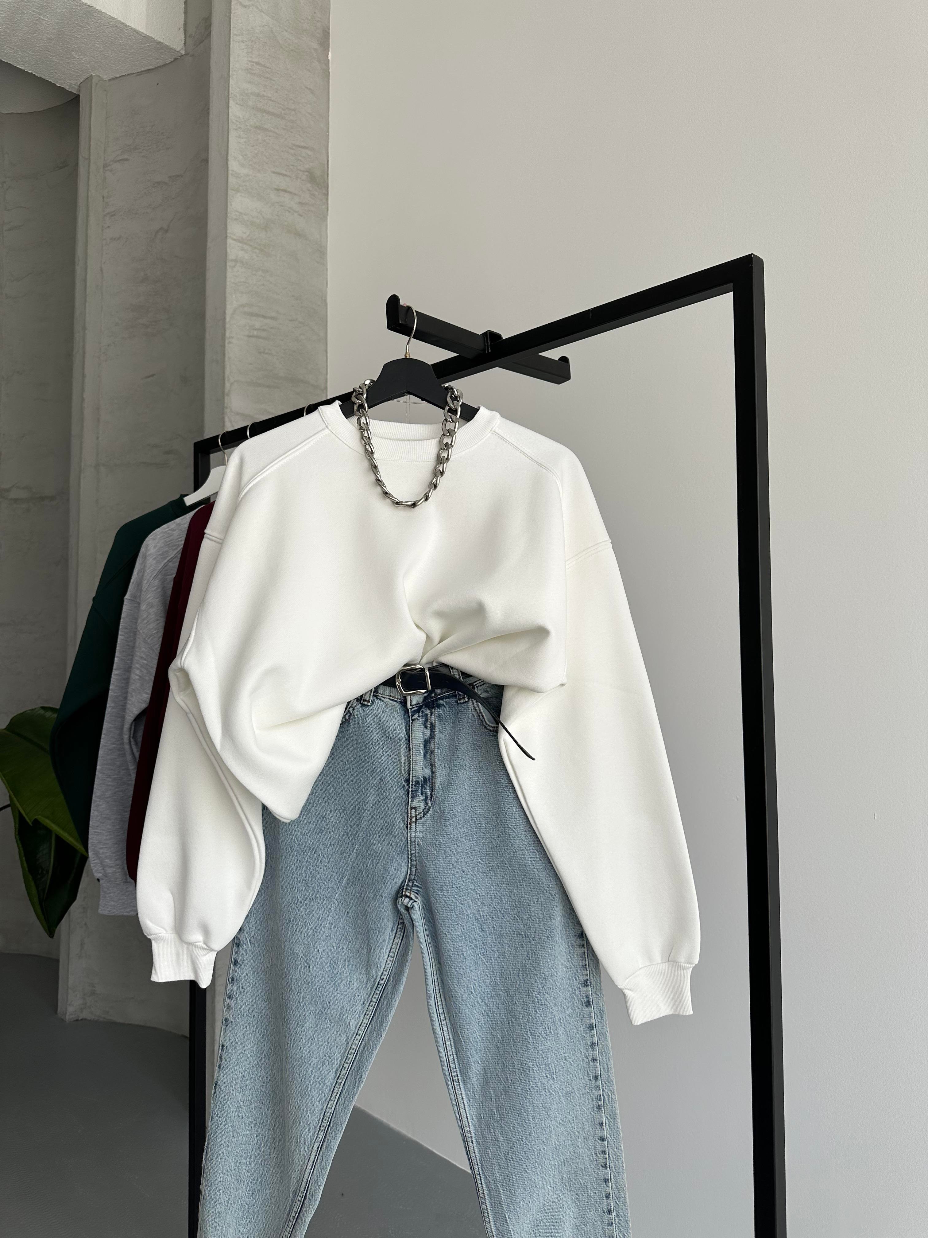 Unisex Düz Beyaz Sweatshirt