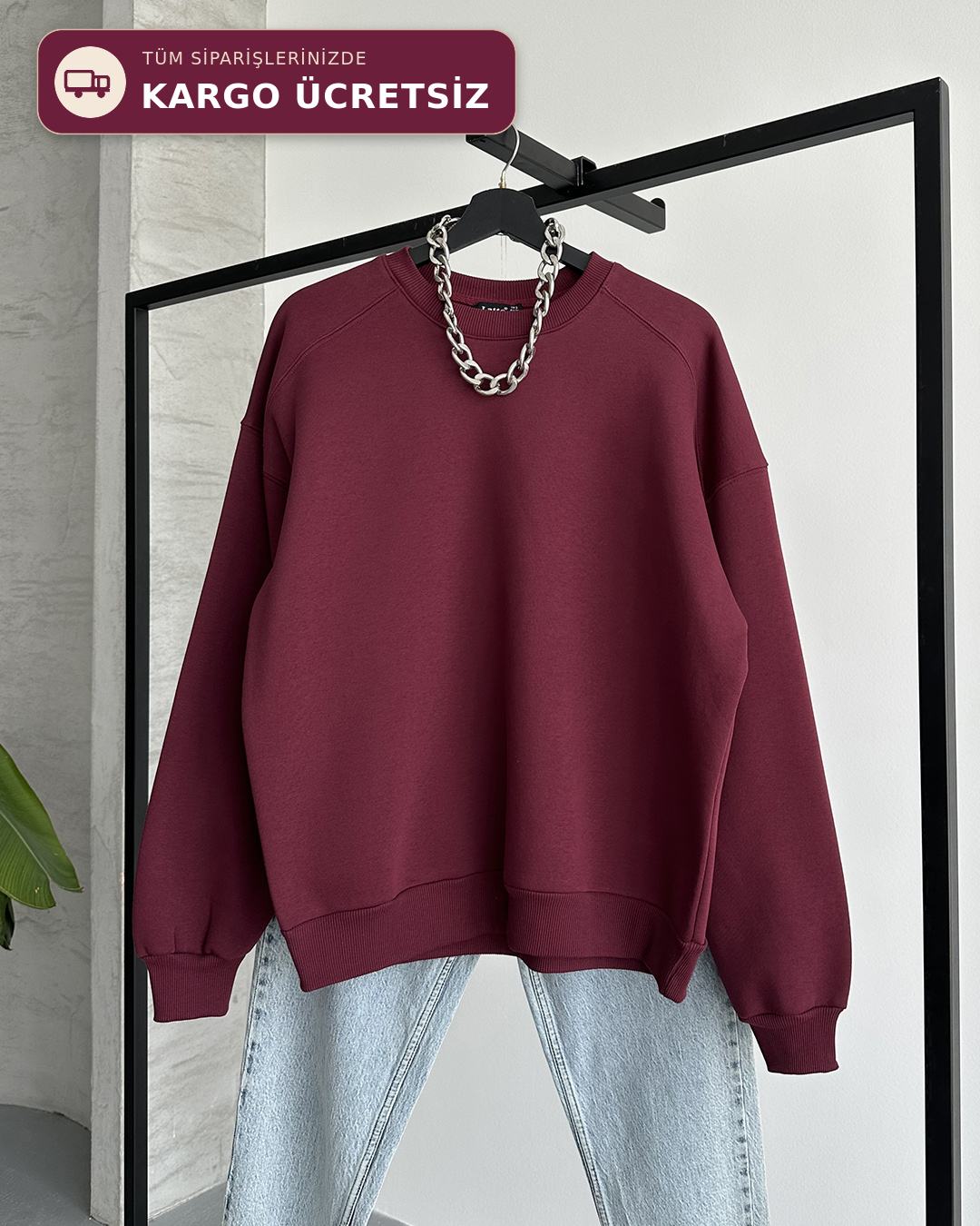 Unisex Düz Bordo Sweatshirt