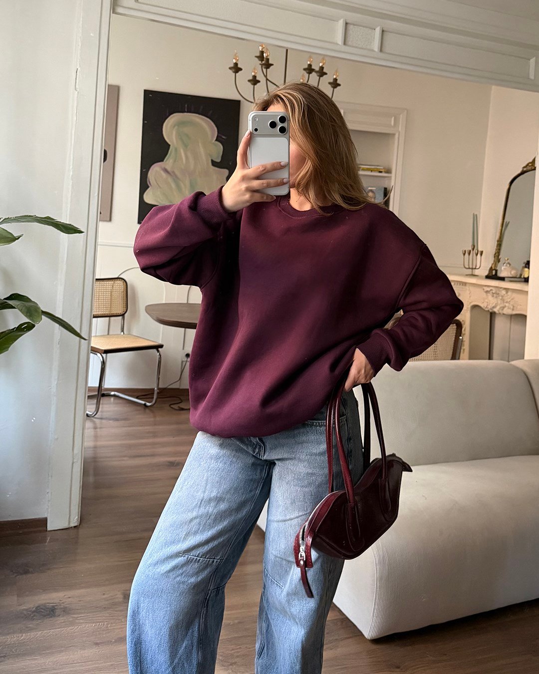 Unisex Düz Bordo Sweatshirt
