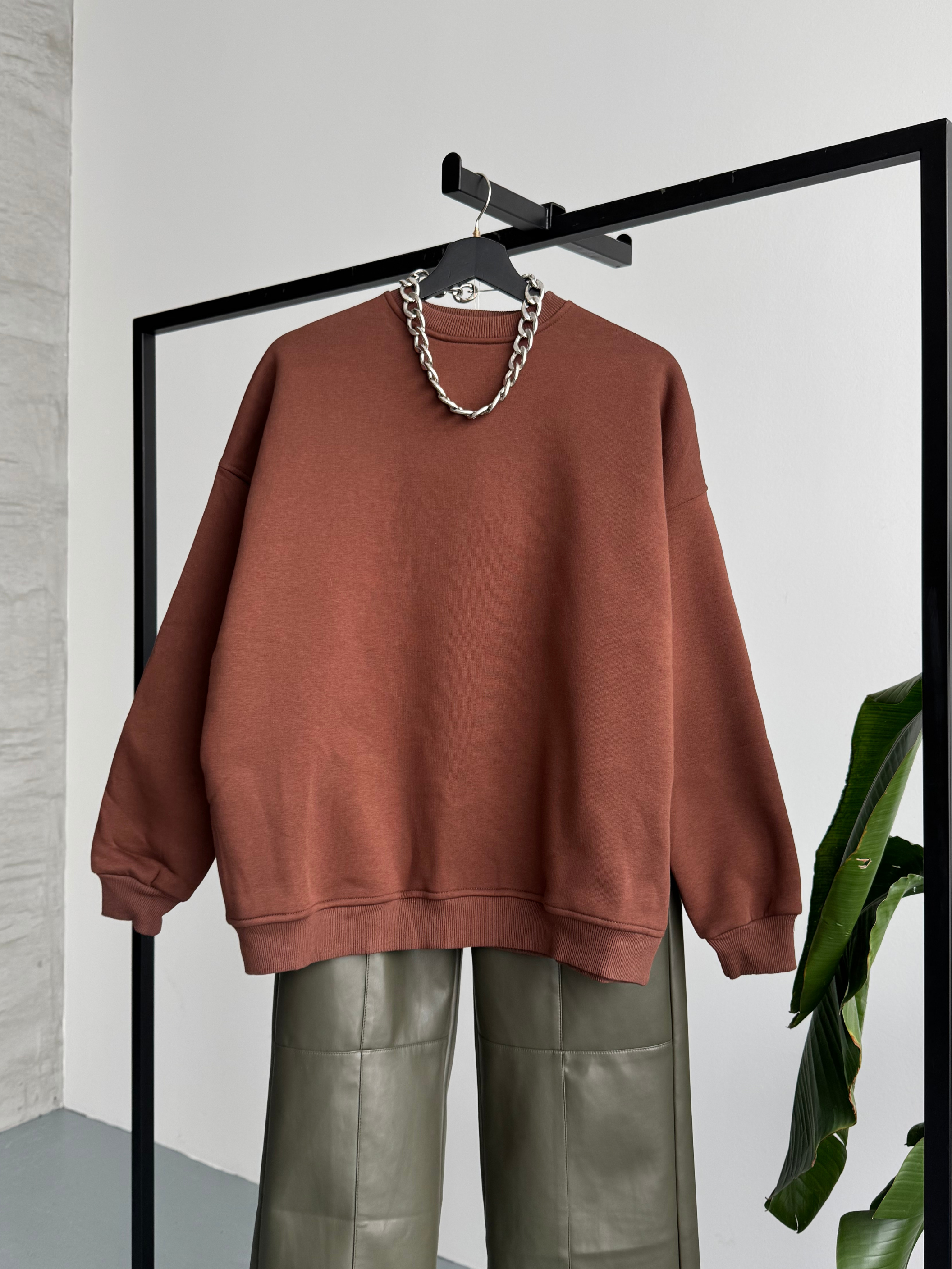 Unisex Düz Kahverengi Sweatshirt