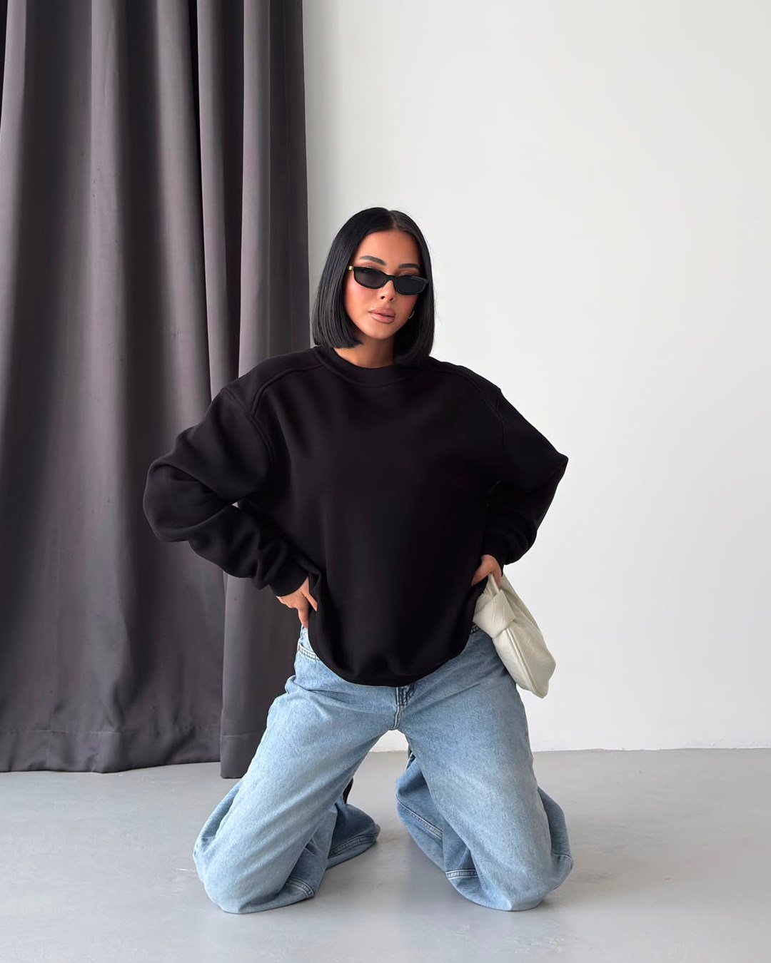 Unisex Düz Siyah Sweatshirt