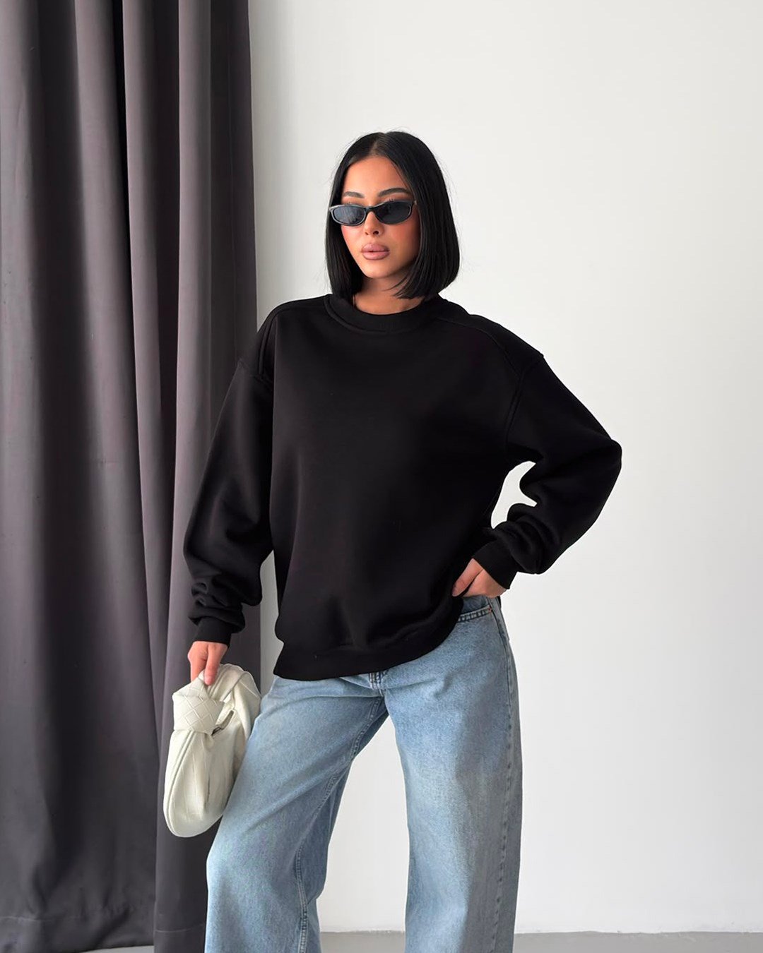 Unisex Düz Siyah Sweatshirt