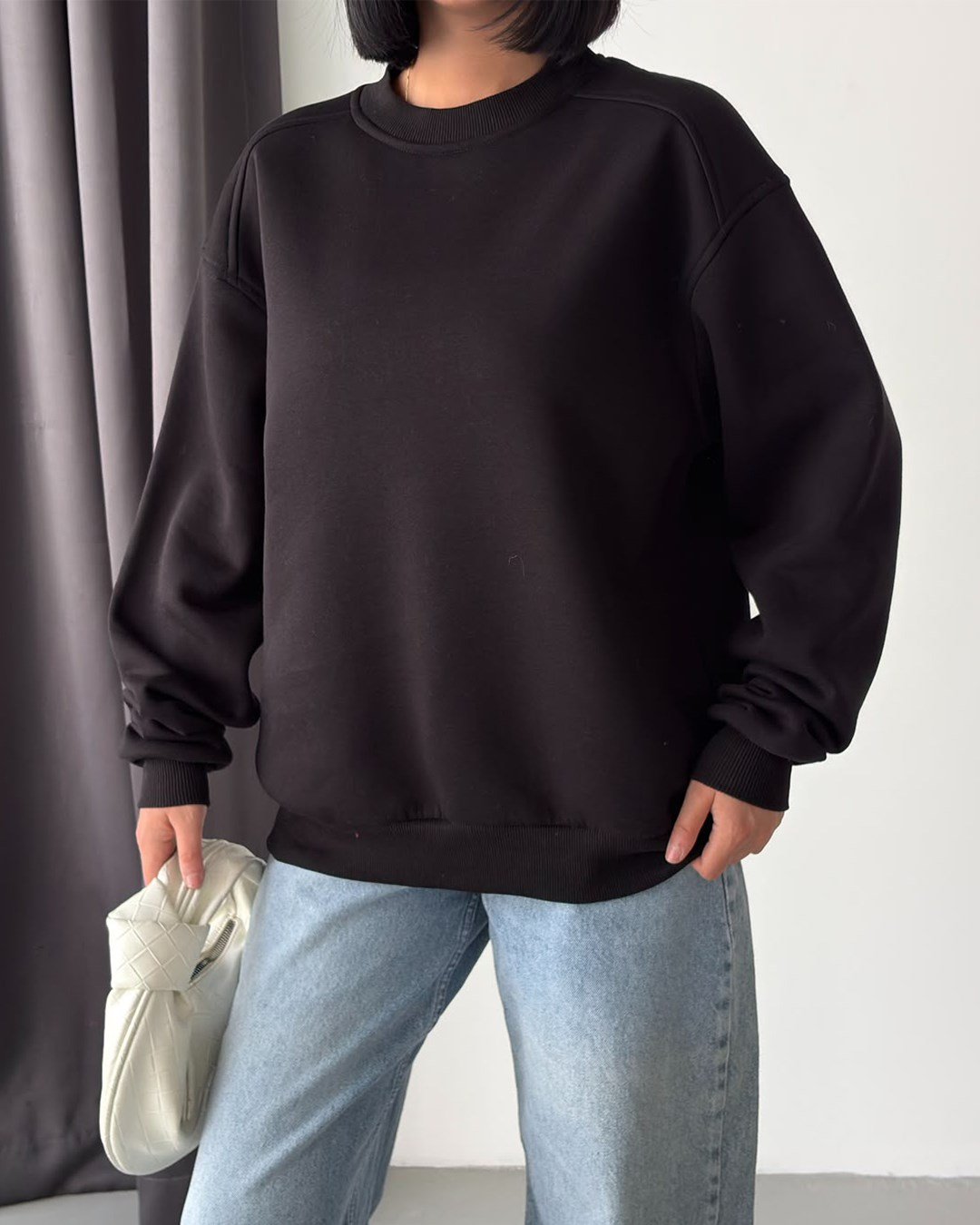 Unisex Düz Siyah Sweatshirt