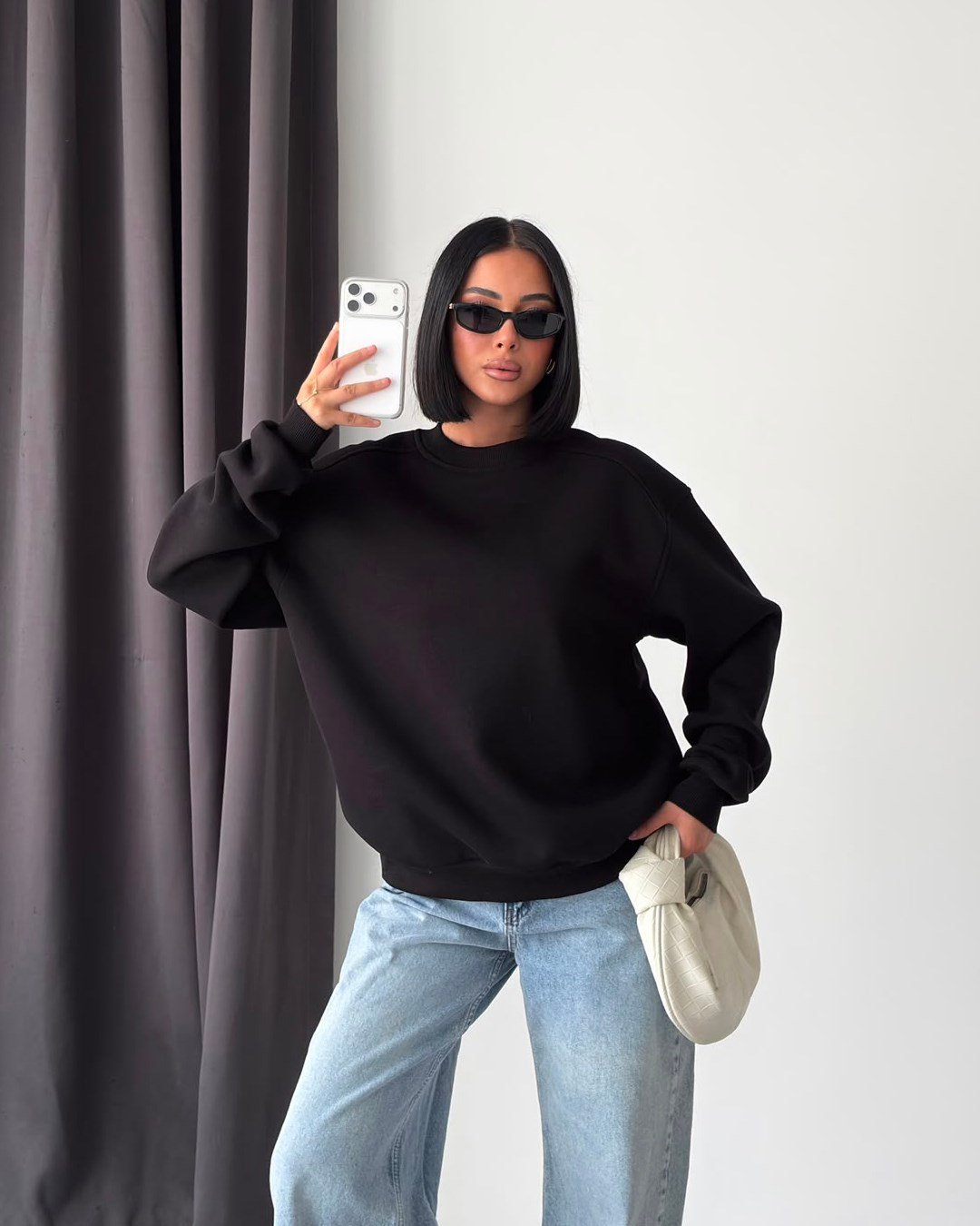 Unisex Düz Siyah Sweatshirt