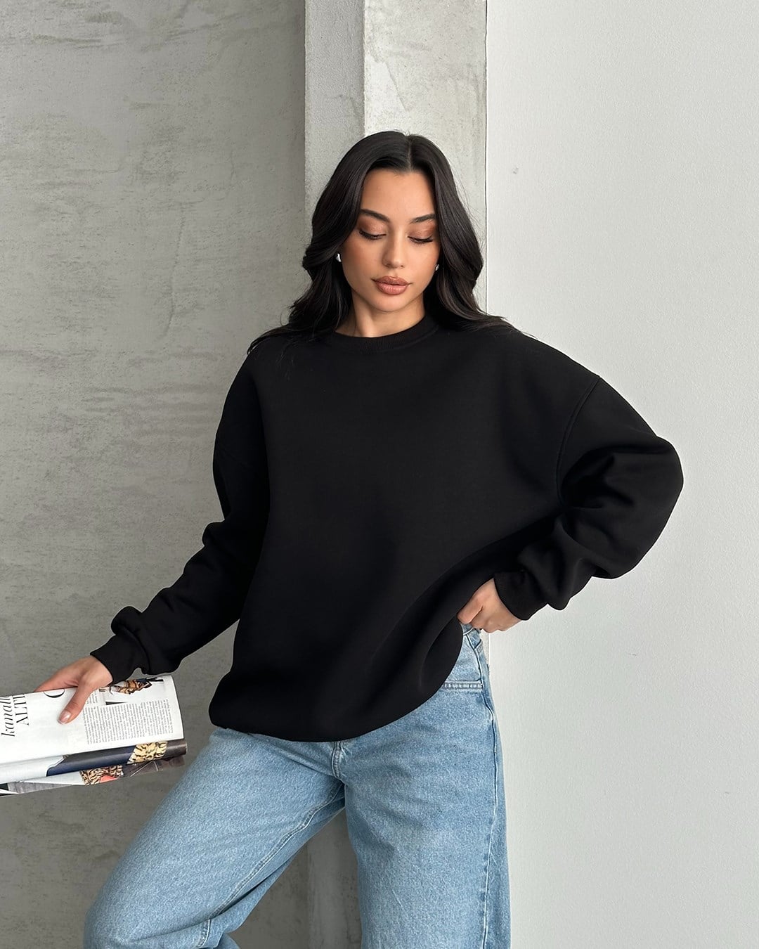 Unisex Düz Siyah Sweatshirt