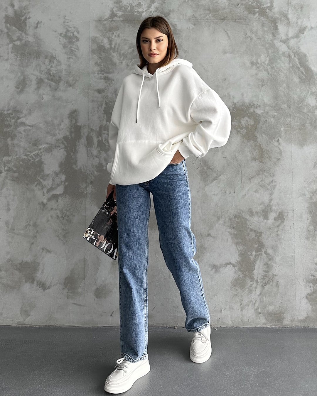 Unisex Kanguru Cepli Kapüşonlu Beyaz Sweatshirt