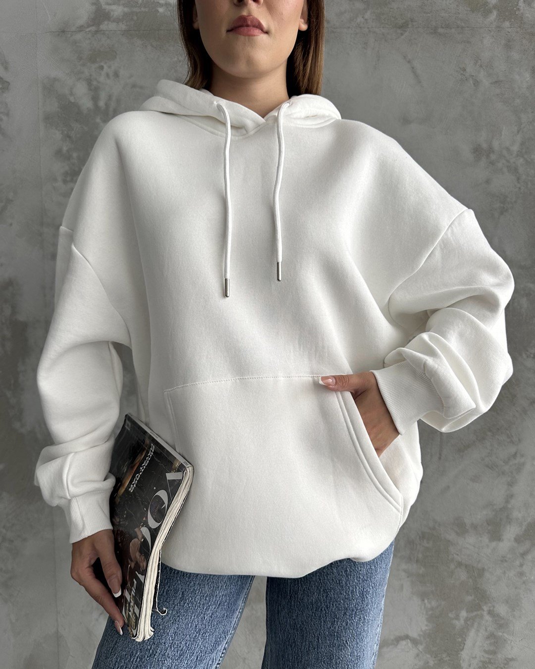Unisex Kanguru Cepli Kapüşonlu Beyaz Sweatshirt
