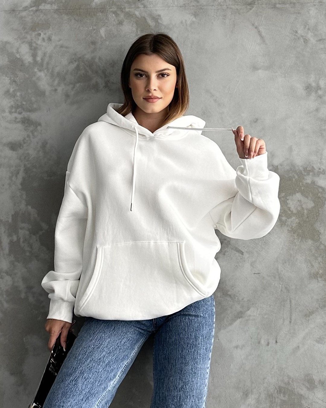 Unisex Kanguru Cepli Kapüşonlu Beyaz Sweatshirt