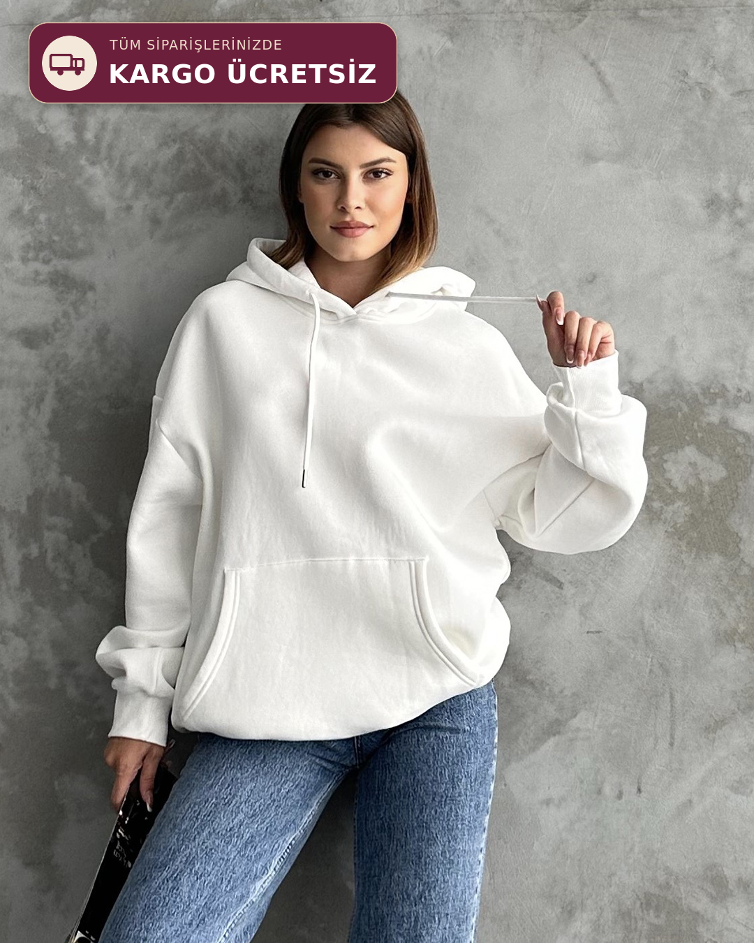 Unisex Kanguru Cepli Kapüşonlu Beyaz Sweatshirt