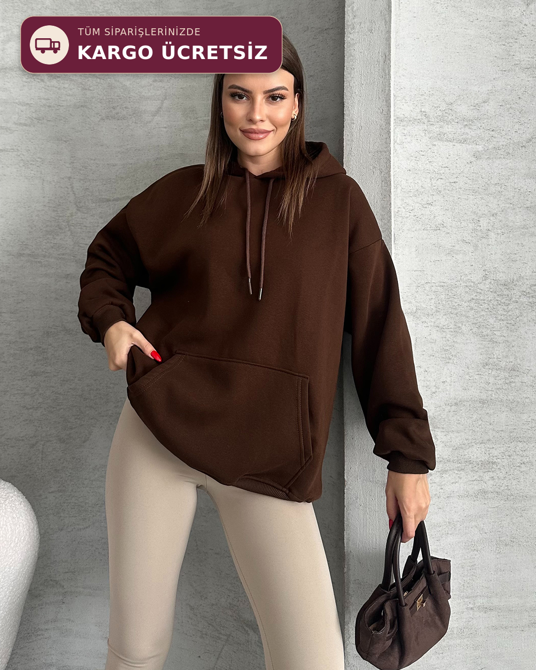 Unisex Kanguru Cepli Kapüşonlu Kahverengi Sweatshirt