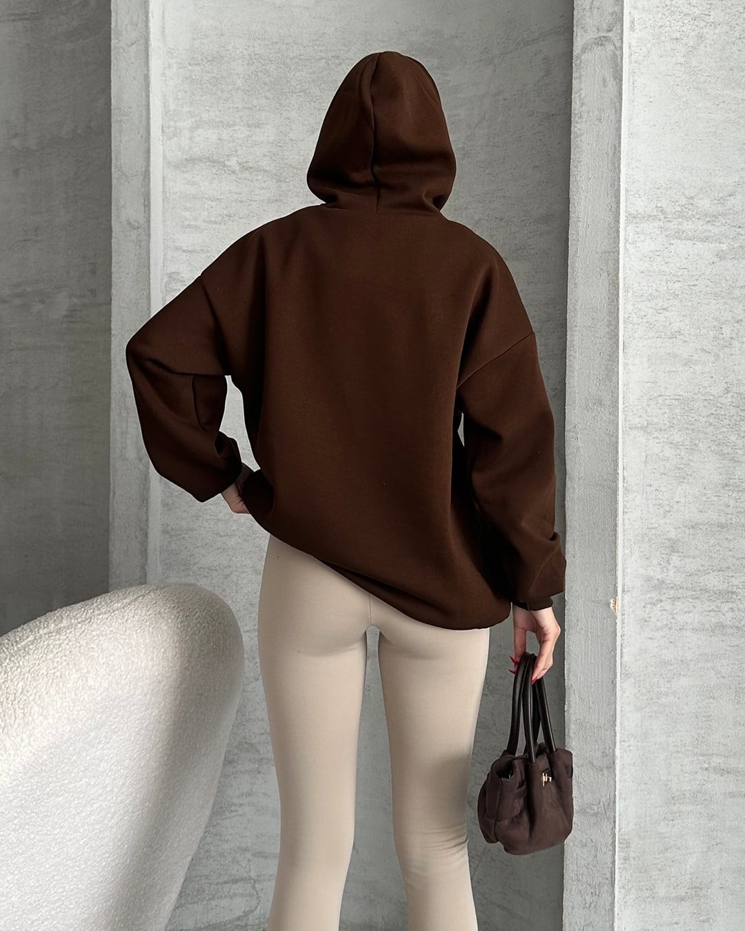 Unisex Kanguru Cepli Kapüşonlu Kahverengi Sweatshirt