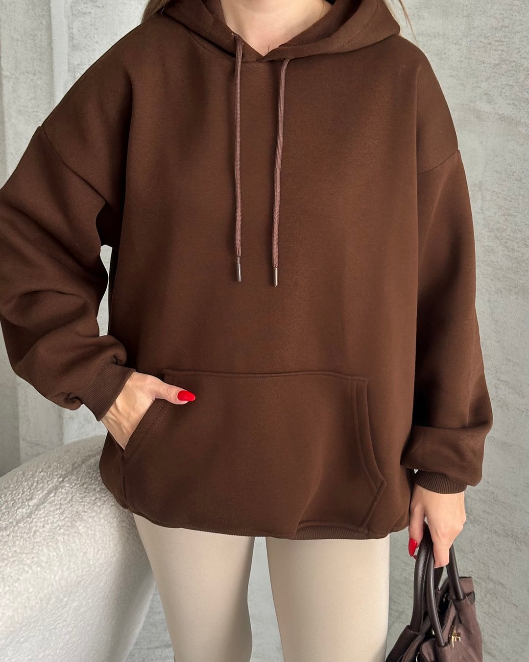 Unisex Kanguru Cepli Kapüşonlu Kahverengi Sweatshirt
