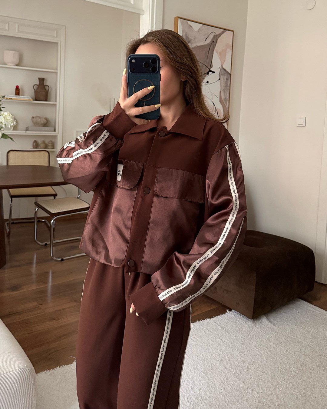 Vintage Saten Detaylı Bomber Ceket Kahverengi İkili Takım