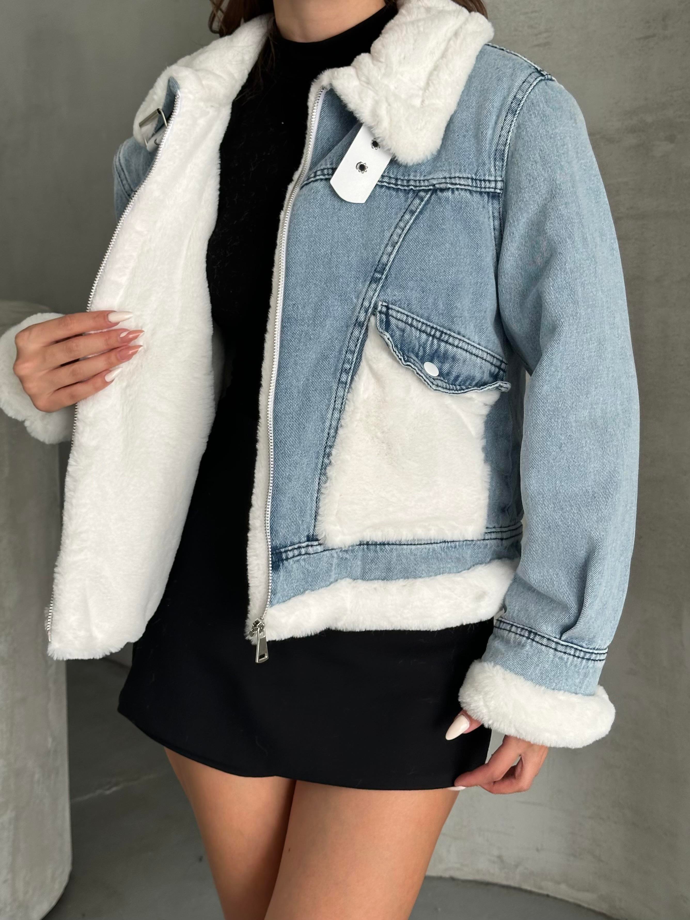 Yaka Kemerli Beyaz Cepli Kot Ceket