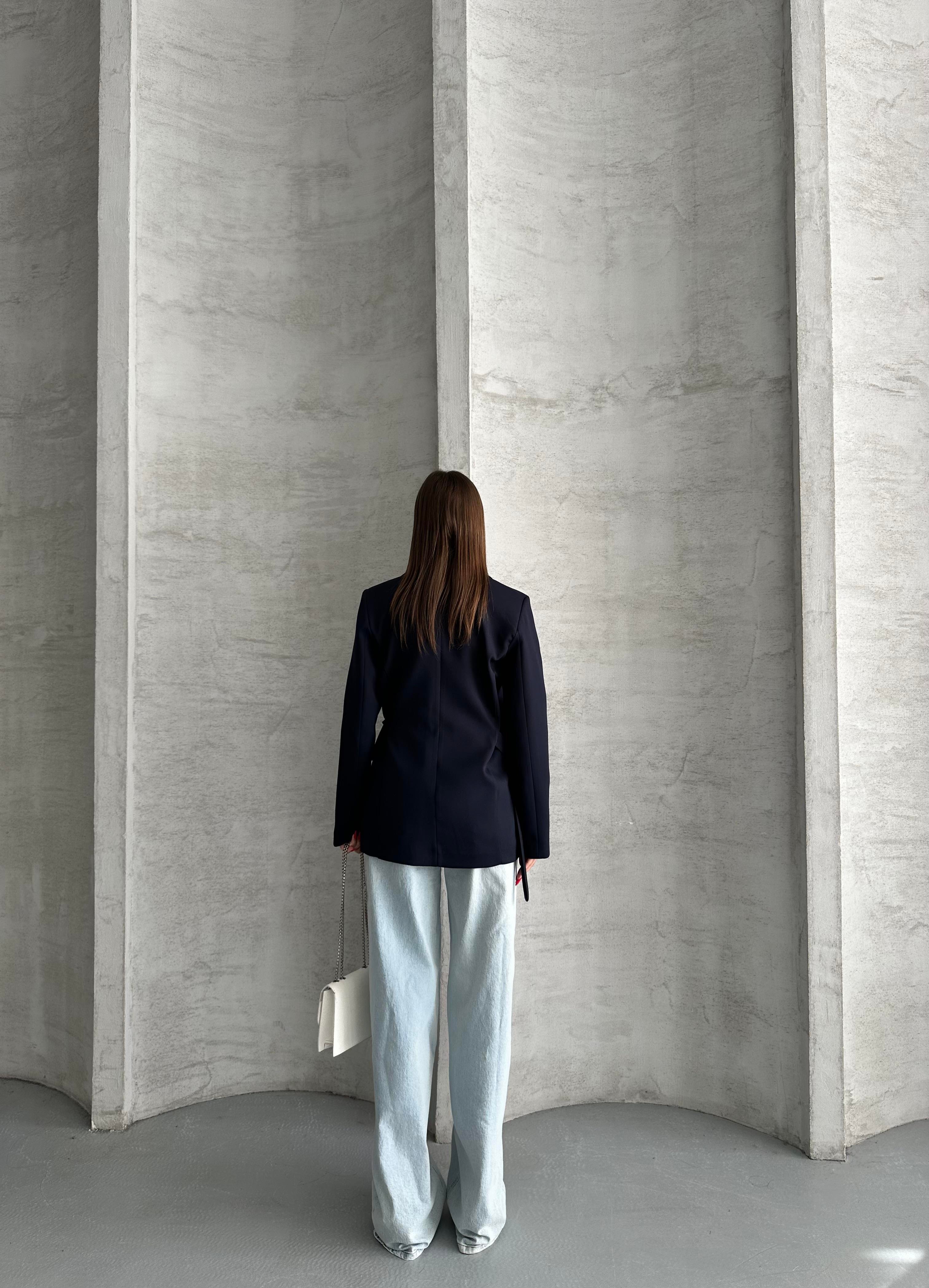 Yandan Kuşaklı Lacivert Blazer Ceket