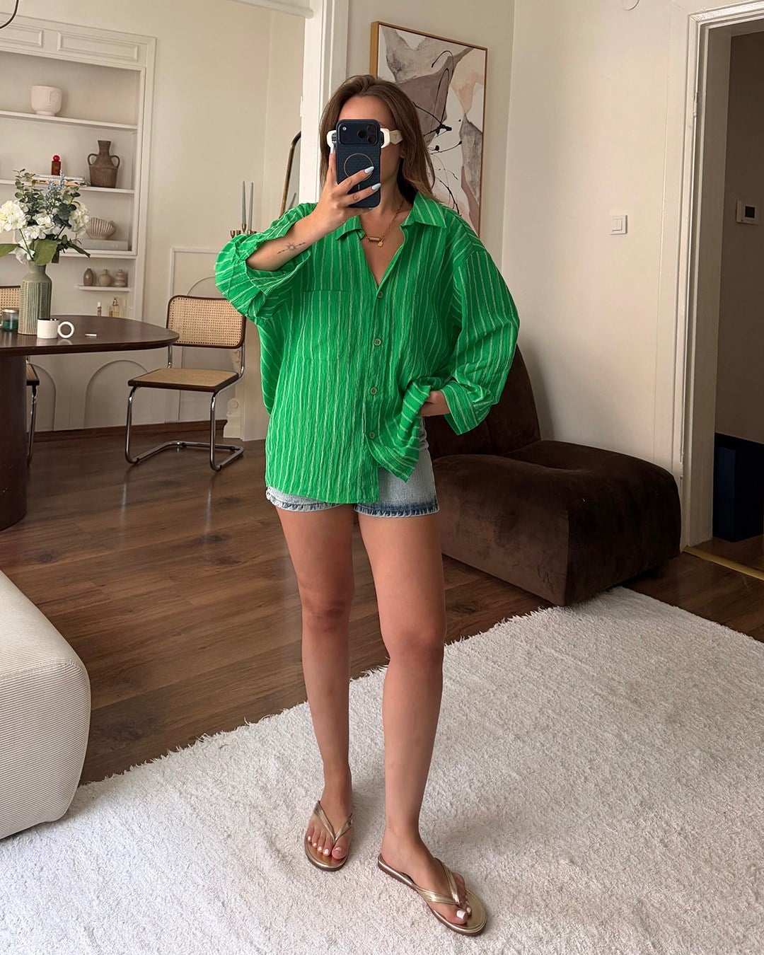 Yeşil Çizgili Oversize Gömlek