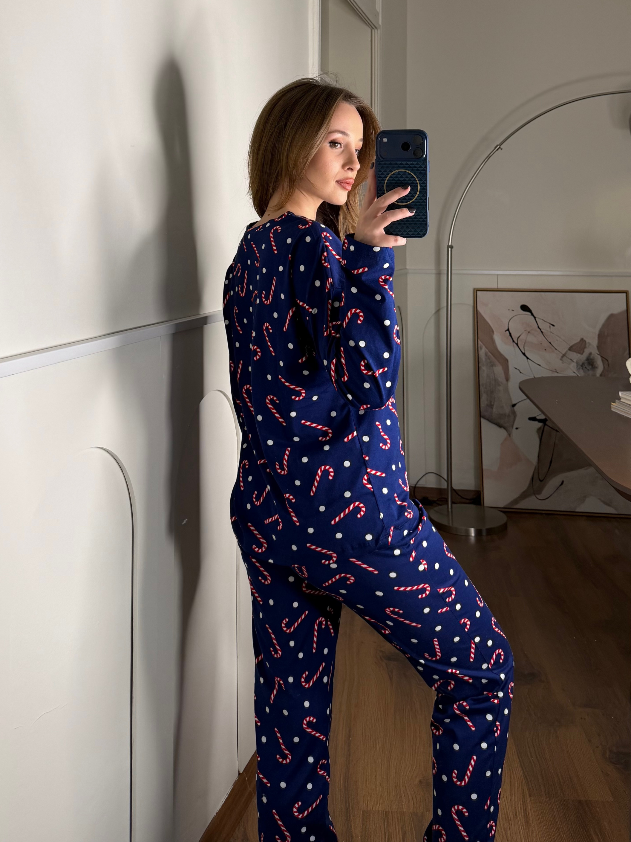 Yılbaşı Şekeri Desenli Lacivert Pijama Takımı