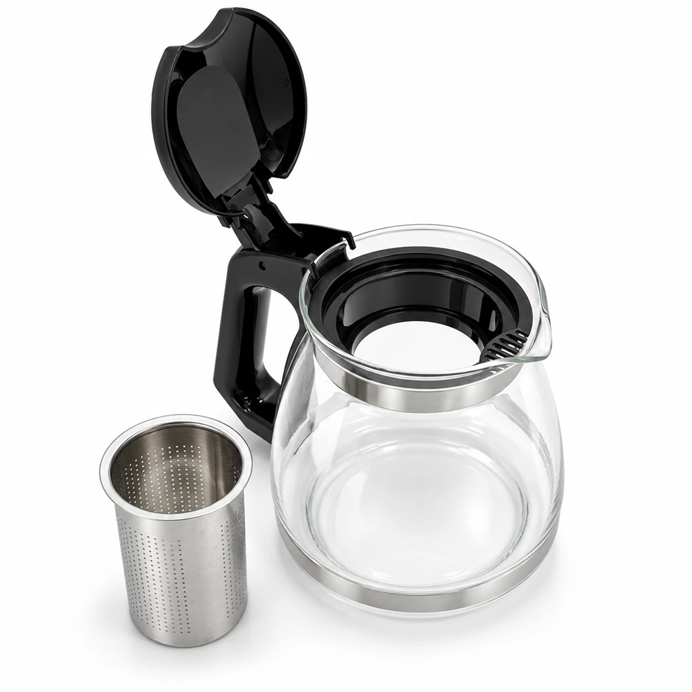 Çelik Süzgeçli Cam Demlik 1500 ml - Siyah Kapaklı ve Saplı Çay Demliği
