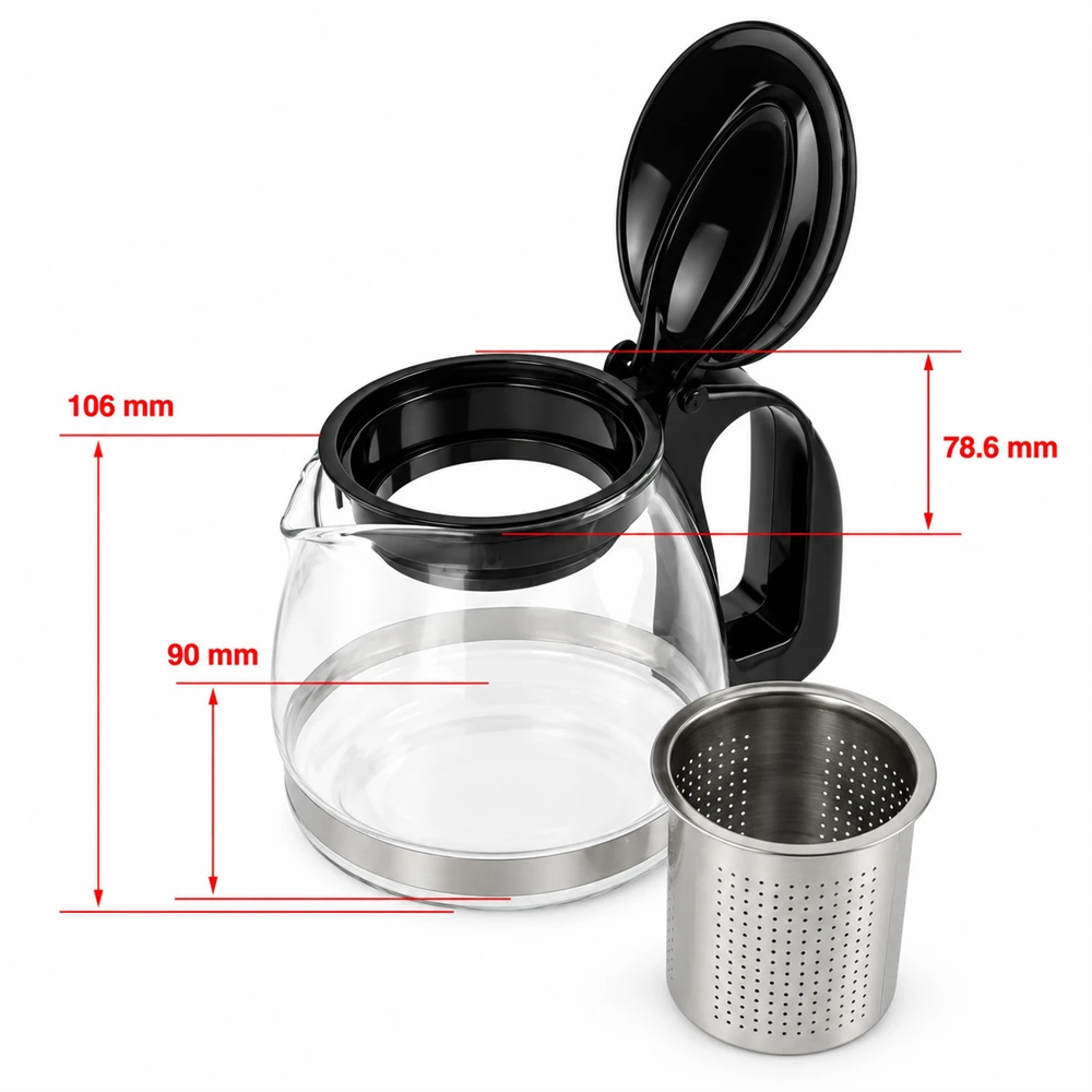 Çelik Süzgeçli Cam Demlik 700 ml - Siyah Kapaklı ve Saplı Çay Demliği
