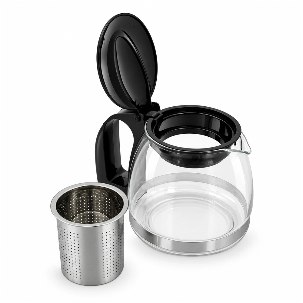 Çelik Süzgeçli Cam Demlik 700 ml - Siyah Kapaklı ve Saplı Çay Demliği